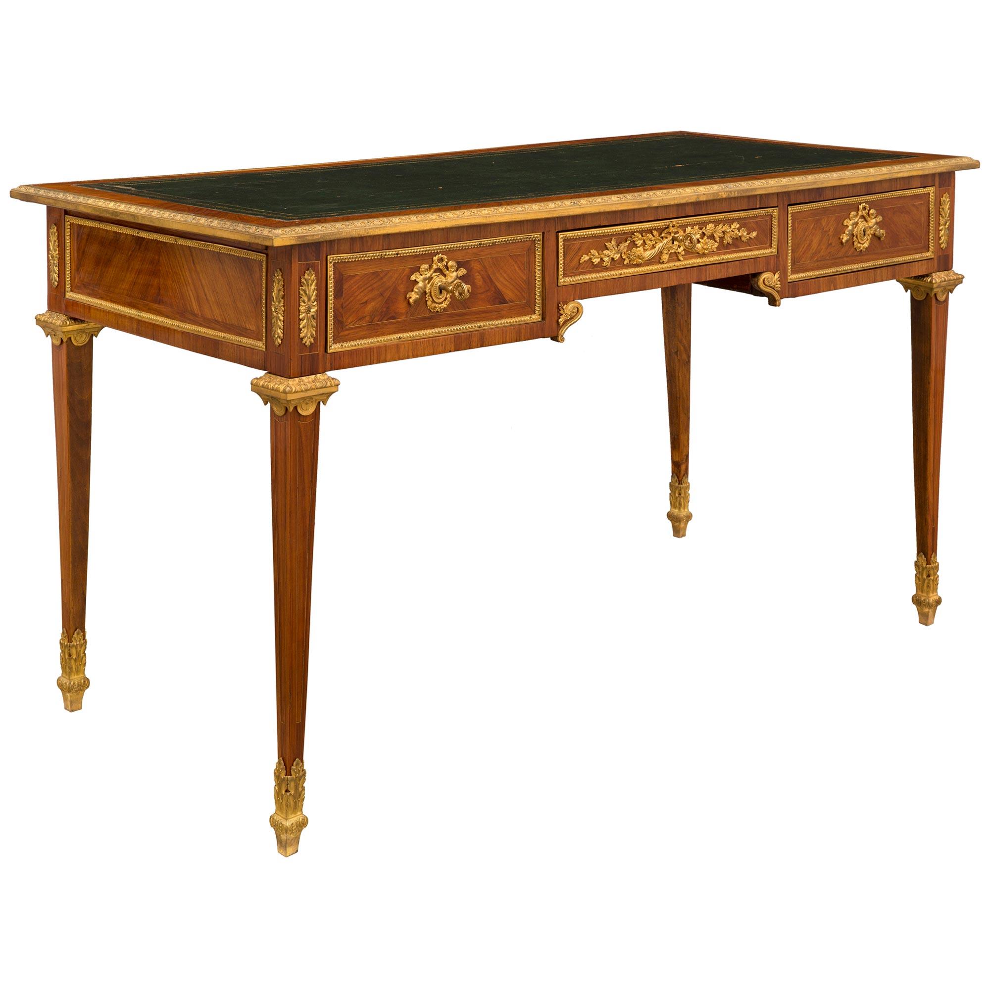 Mid 18th Century French Louis XVI Period Tulipwood and Ormolu Bureau Plat In Good Condition For Sale In West Palm Beach, FL