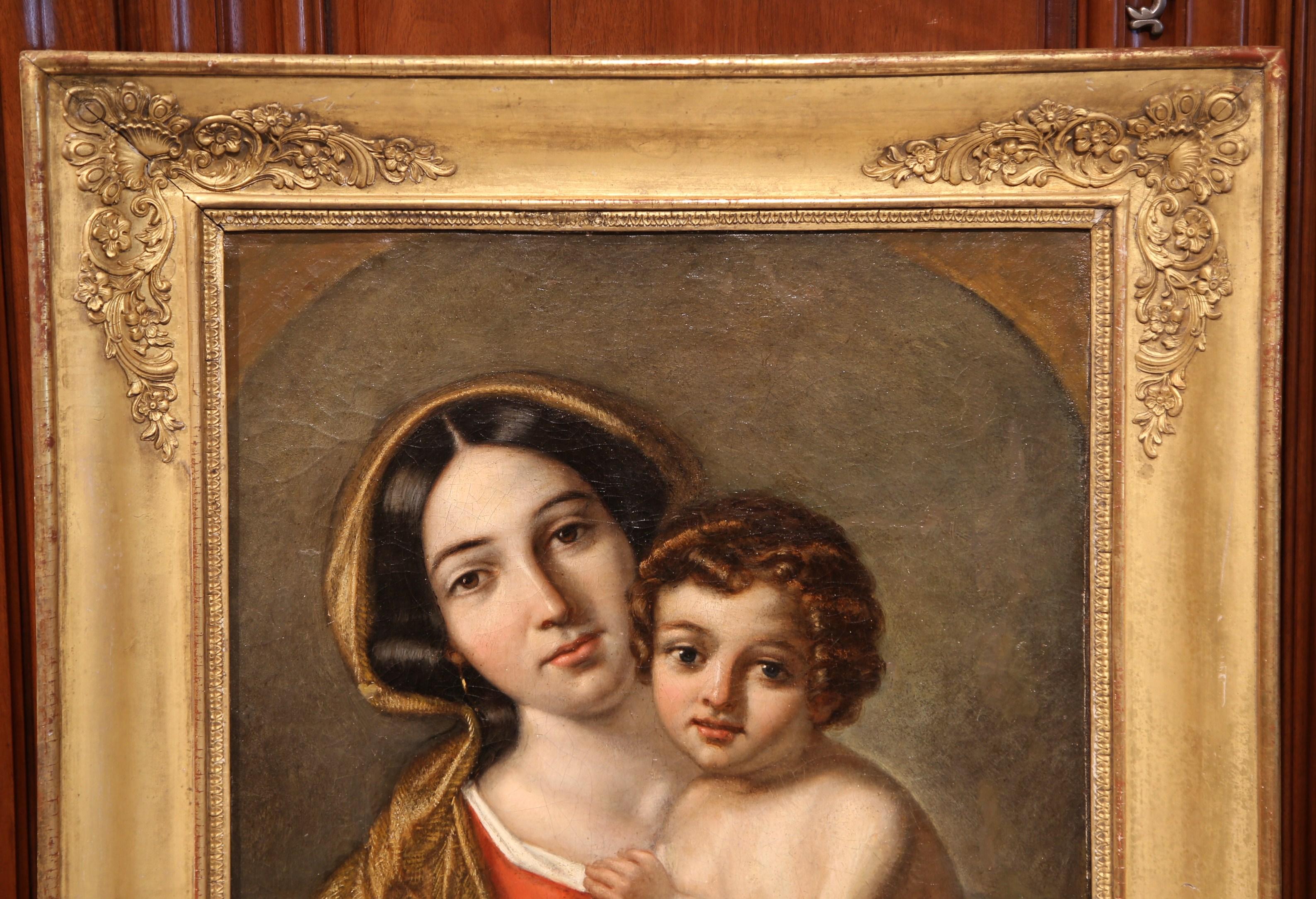 Französisches Gemälde „Mutter und Kind“, Öl auf Leinwand, in vergoldetem Rahmen, Mitte des 18. Jahrhunderts (Geschnitzt) im Angebot