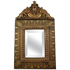 Antique Mid-18th Century French Rocaille Patinated Metal on Wood Beveled Wall Mirror