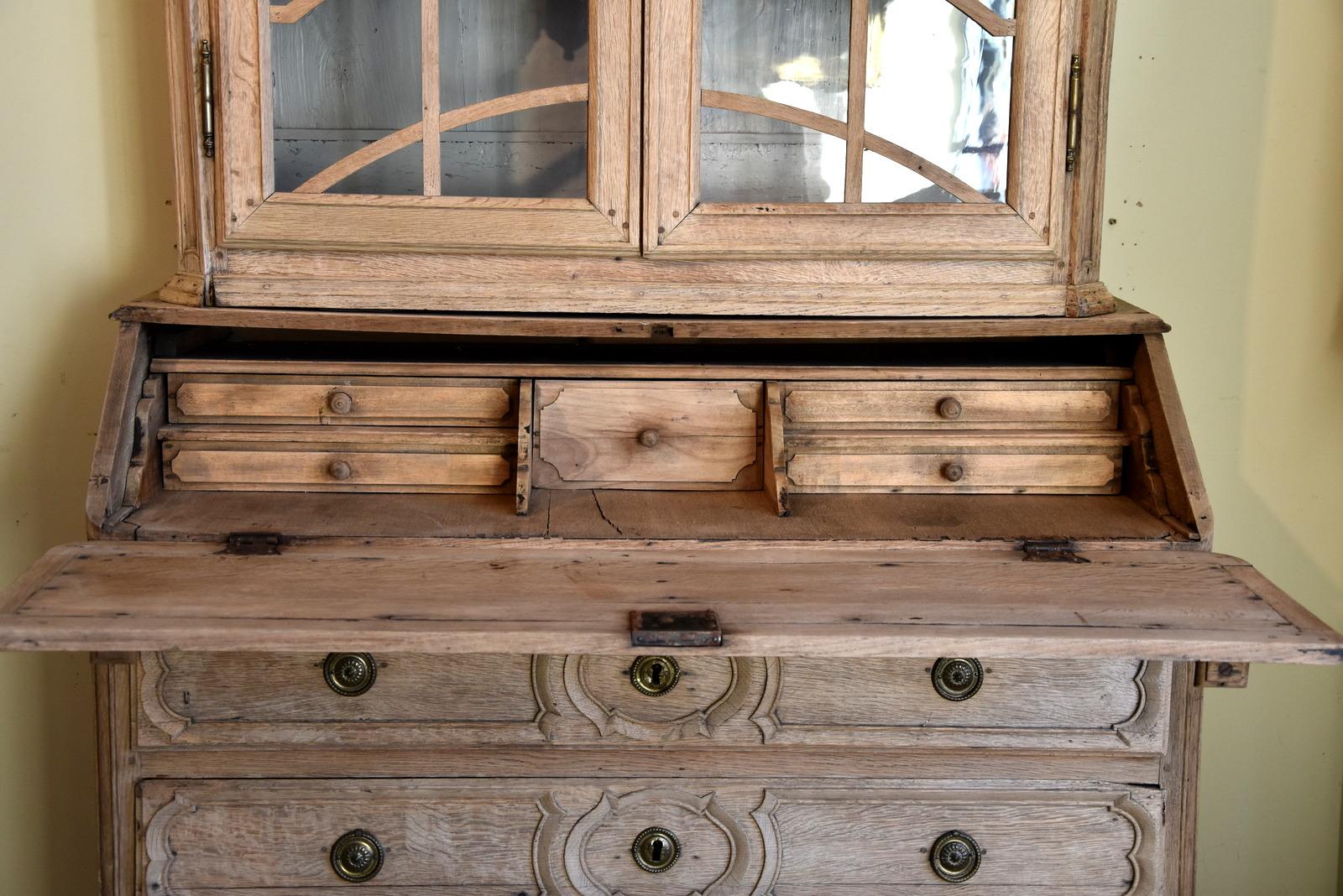 French Provincial Mid-18th Century, French Stripped Oak Bureau Bookcase