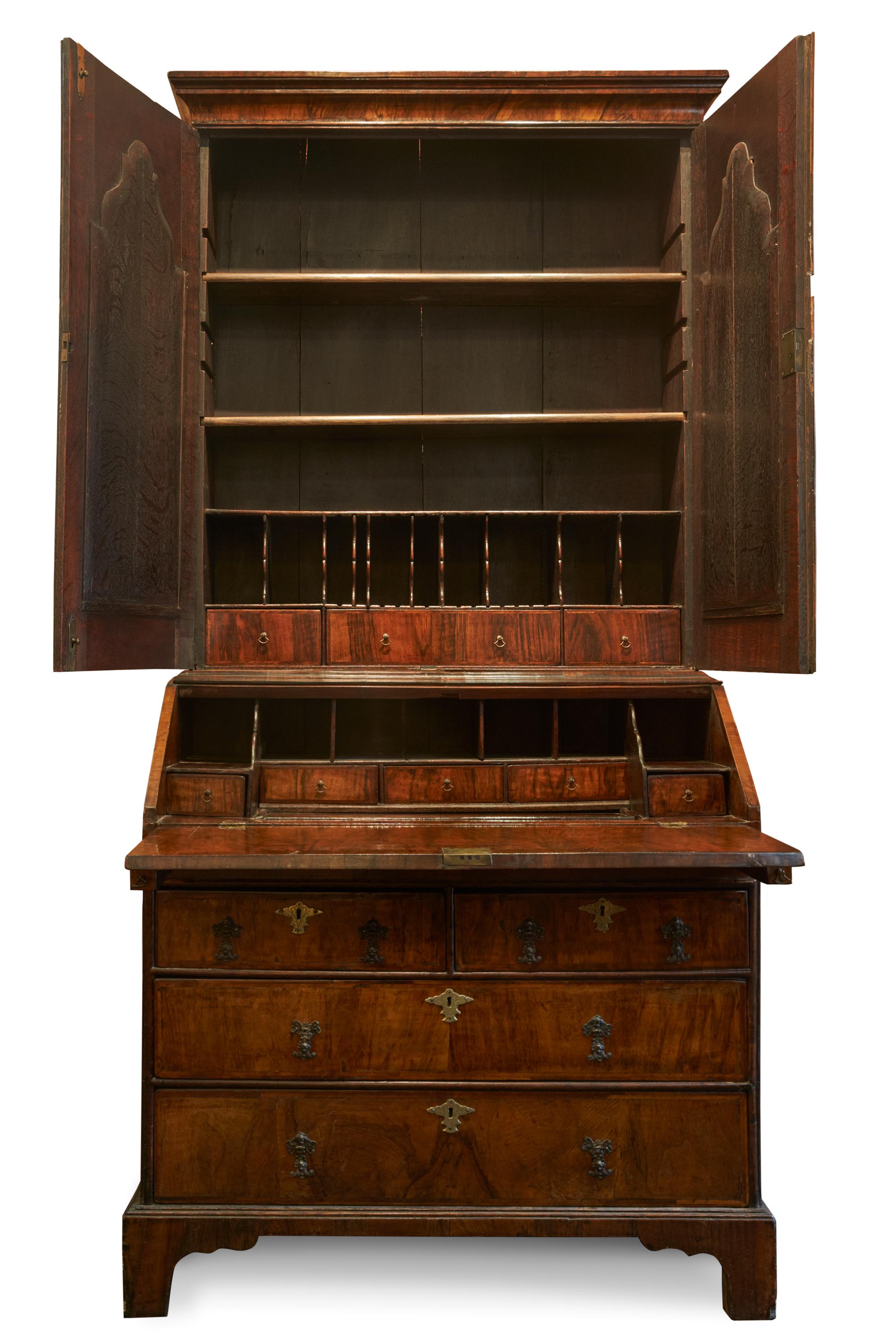 English 18th Century George II Inlaid Walnut Bureau Bookcase with Mirrored Uppercase