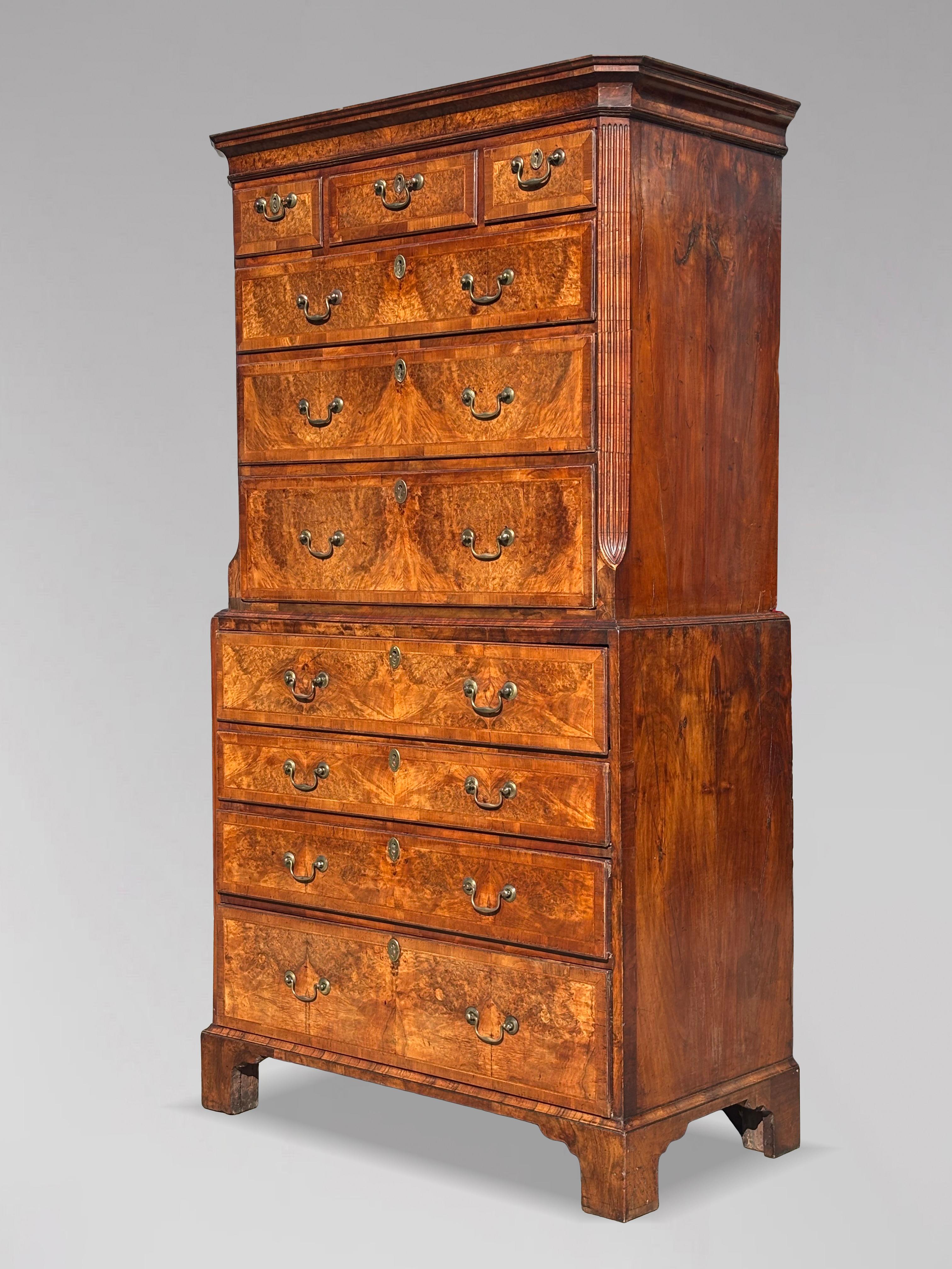 Very Fine Mid 18th Century George II Period Burr Walnut Secretaire Chest on Chest or Tallboy

A very fine mid-18th century George II period burr walnut secretaire chest on chest, also known as a Tallboy. This stunning piece of early Georgian