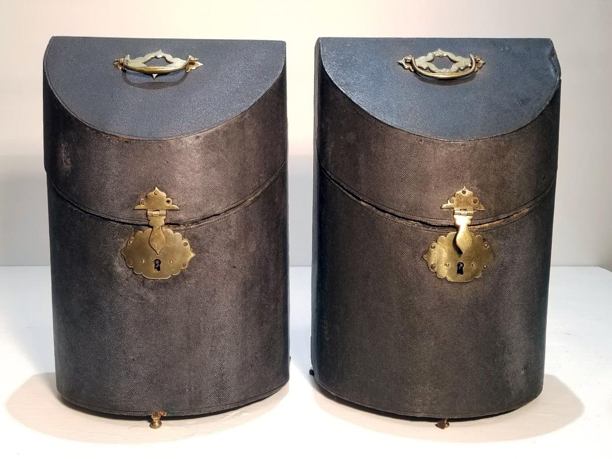 This rare pair of Queen Anne Shagreen (Shark Skin) covered knife/cutlery boxes retain all of their original Brass hardware and the original velvet cover interior. These cutlery boxes are great for Banquettes or for display purposes.