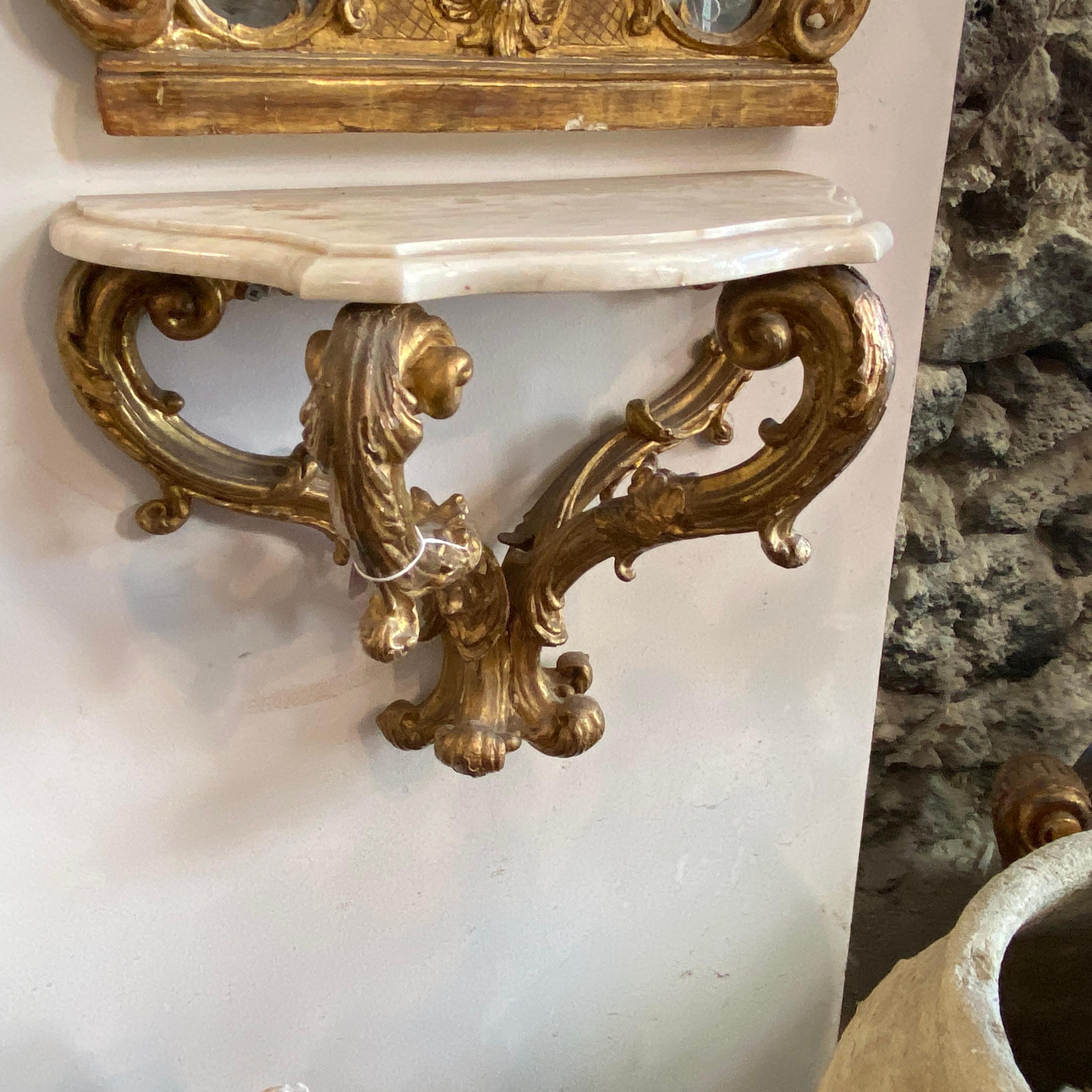 Baroque Mid-18th Century Gilded Wood Sicilian Wall Console and Mirror