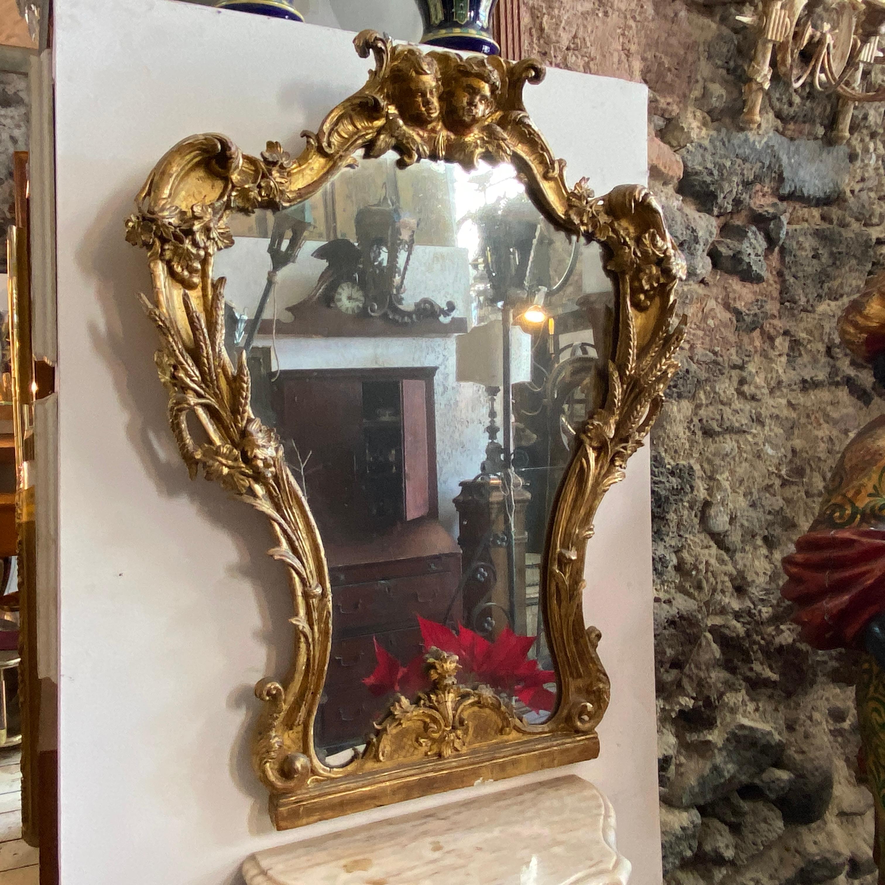 Hand-Carved Mid-18th Century Gilded Wood Sicilian Wall Console and Mirror