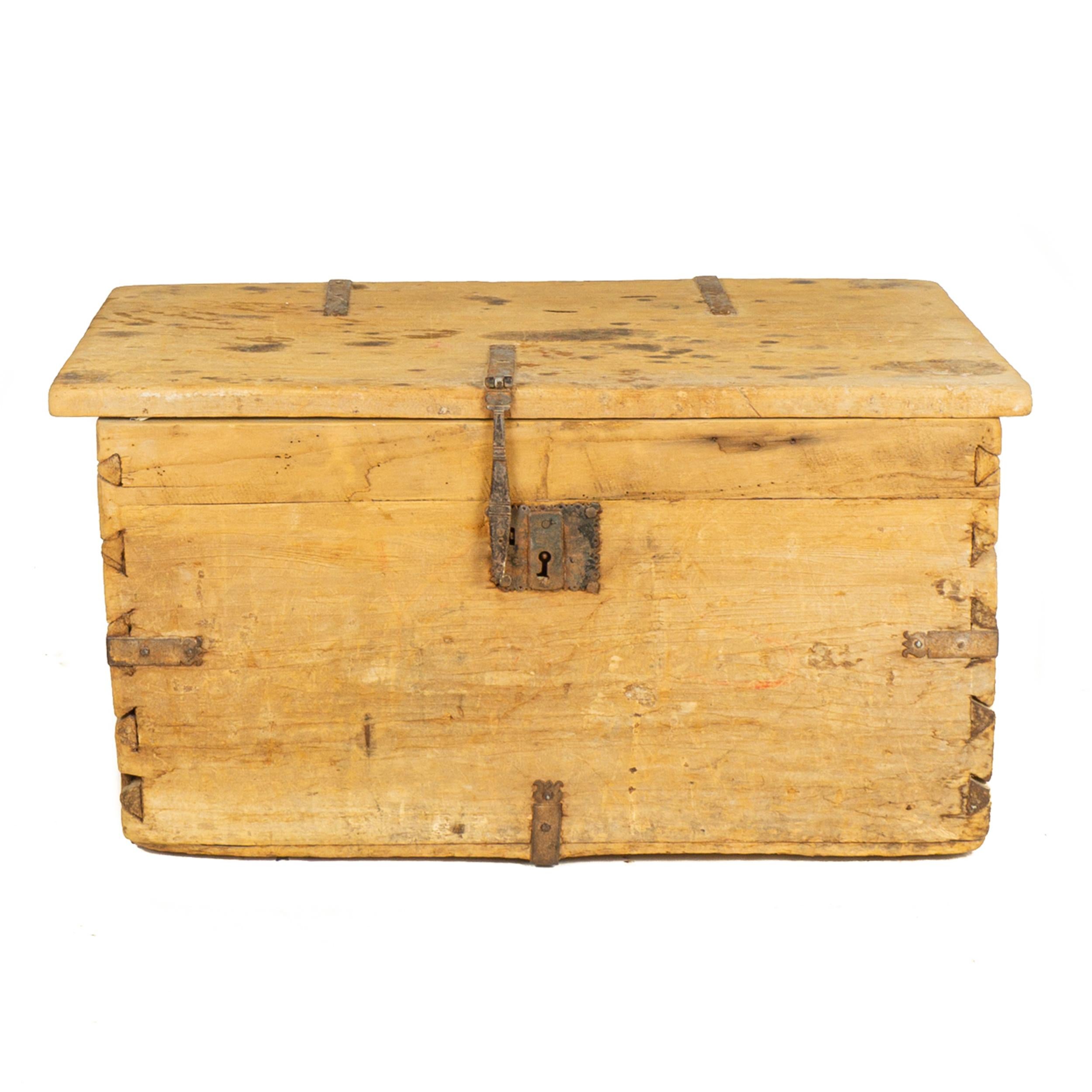 This Mexican Colonial trunk is hand crafted with Sabino wood, it features hand iron forged handles and hinges and has an amazing dovetailed joints.
The piece in general shows wear but we find that it only adds character to this 250 year old