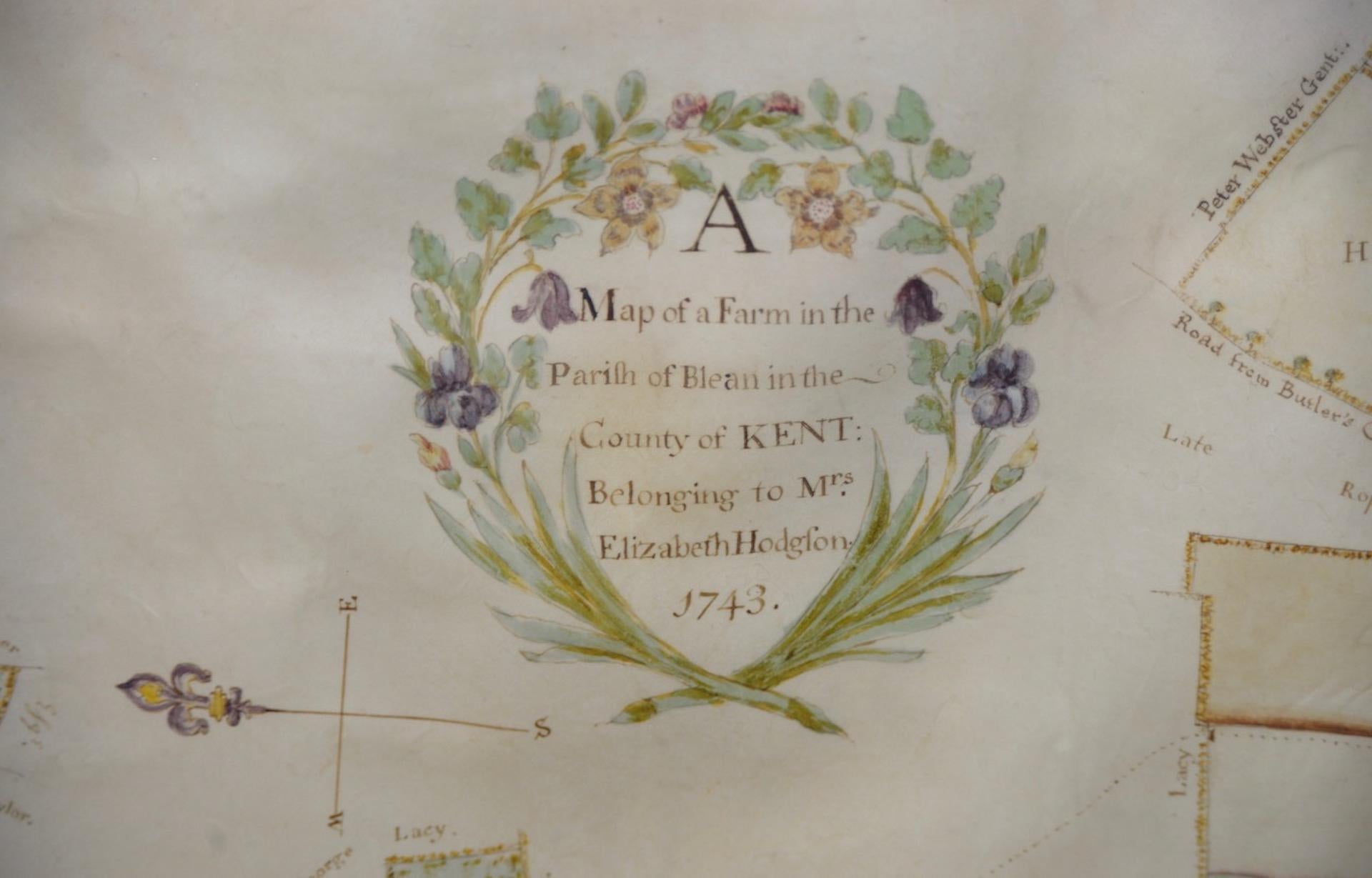 Hand-Painted Mid-18th Century Hand Drawn English Farm Map on Vellum, circa 1740s For Sale