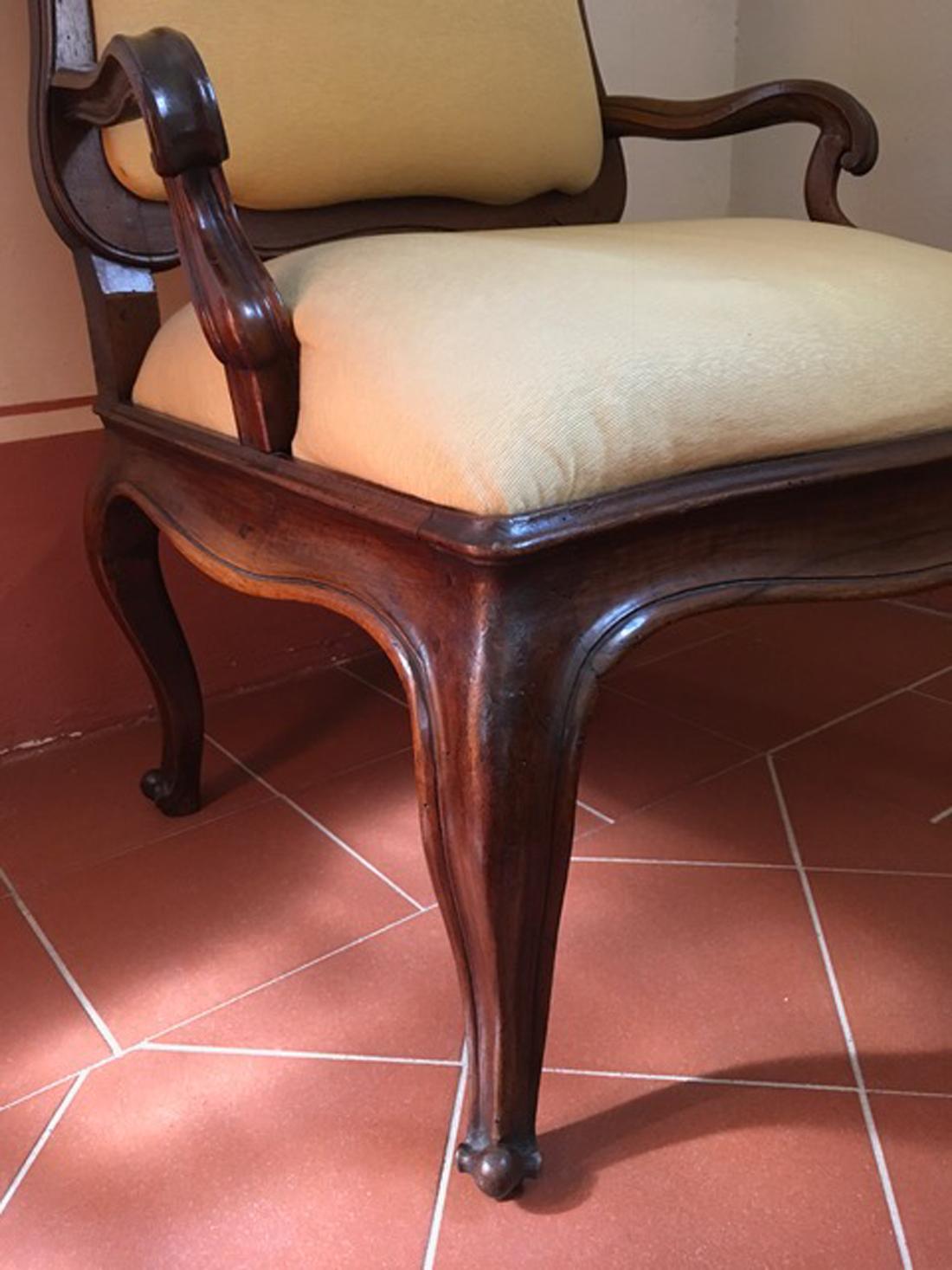 Mid-18th Century Italian Antique Hand-Carved Walnut Upholstered Armchairs, Pair 12