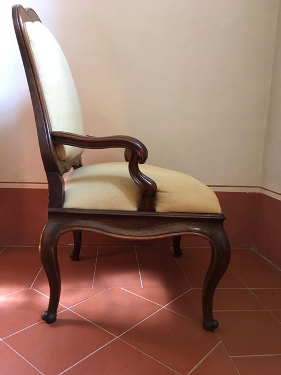 Mid-18th Century Italian Antique Hand-Carved Walnut Upholstered Armchairs, Pair 2