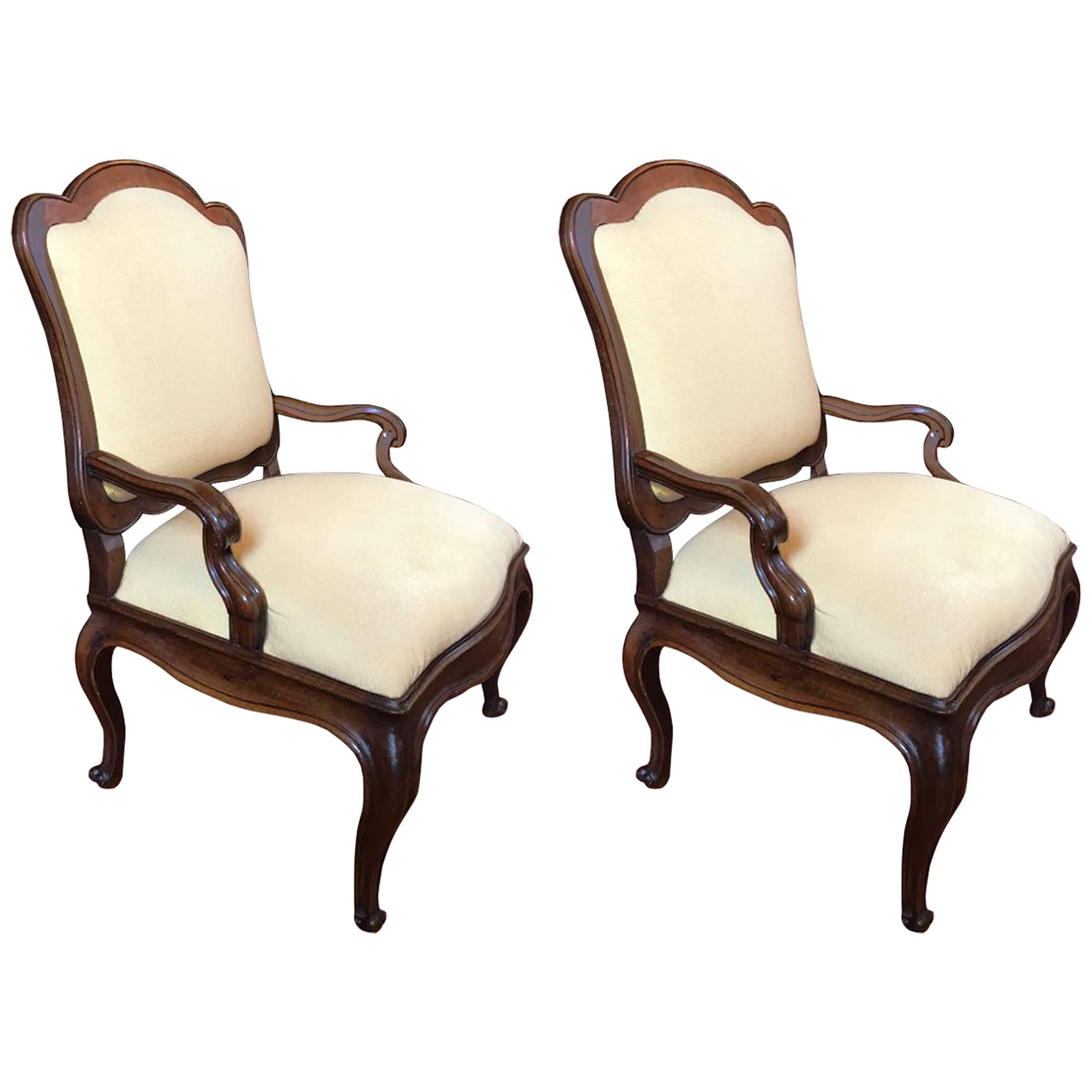 Mid-18th Century Italian Antique Hand-Carved Walnut Upholstered Armchairs, Pair