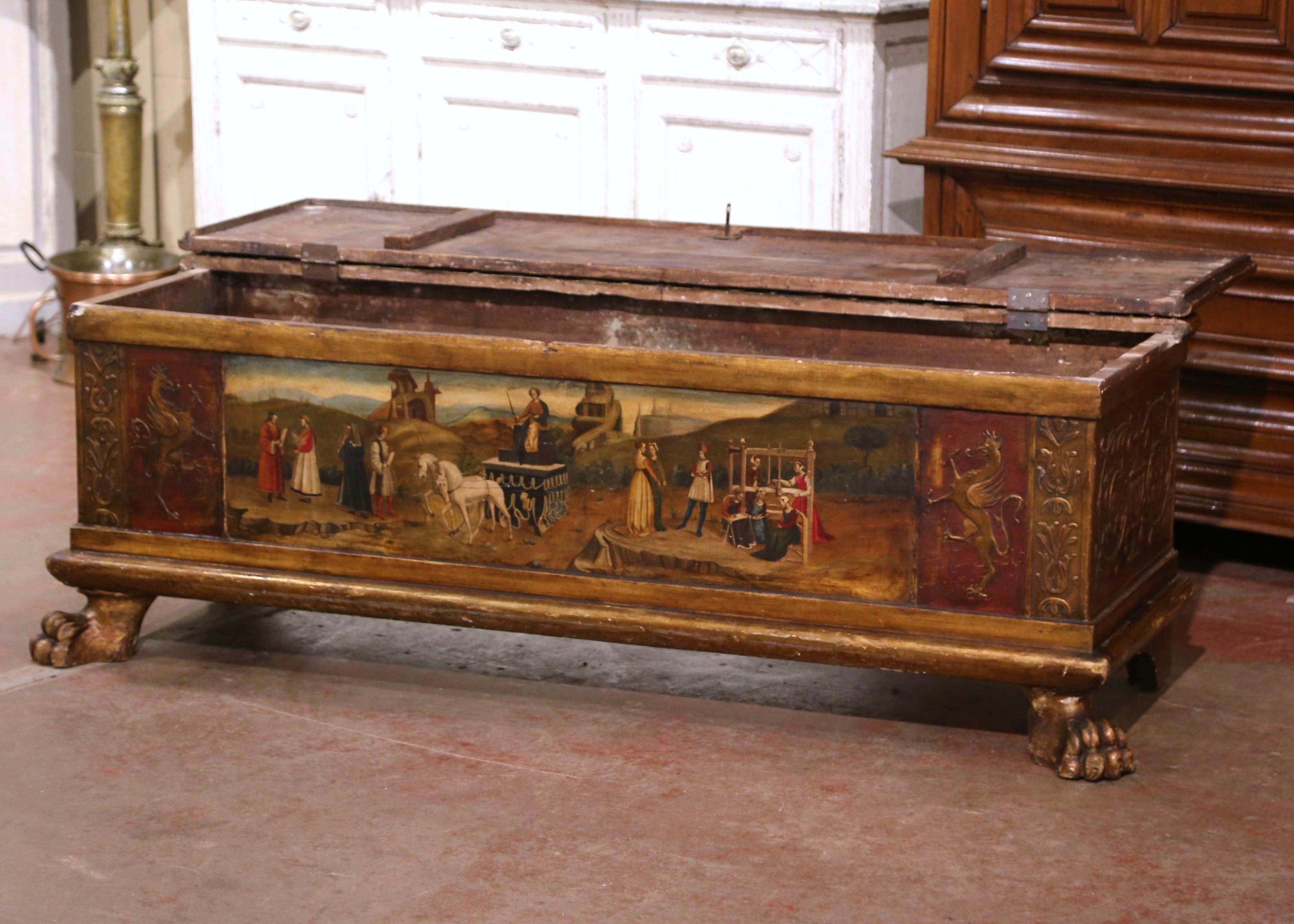 Mid-18th Century Italian Carved Giltwood and Polychrome Painted Cassone Trunk For Sale 6