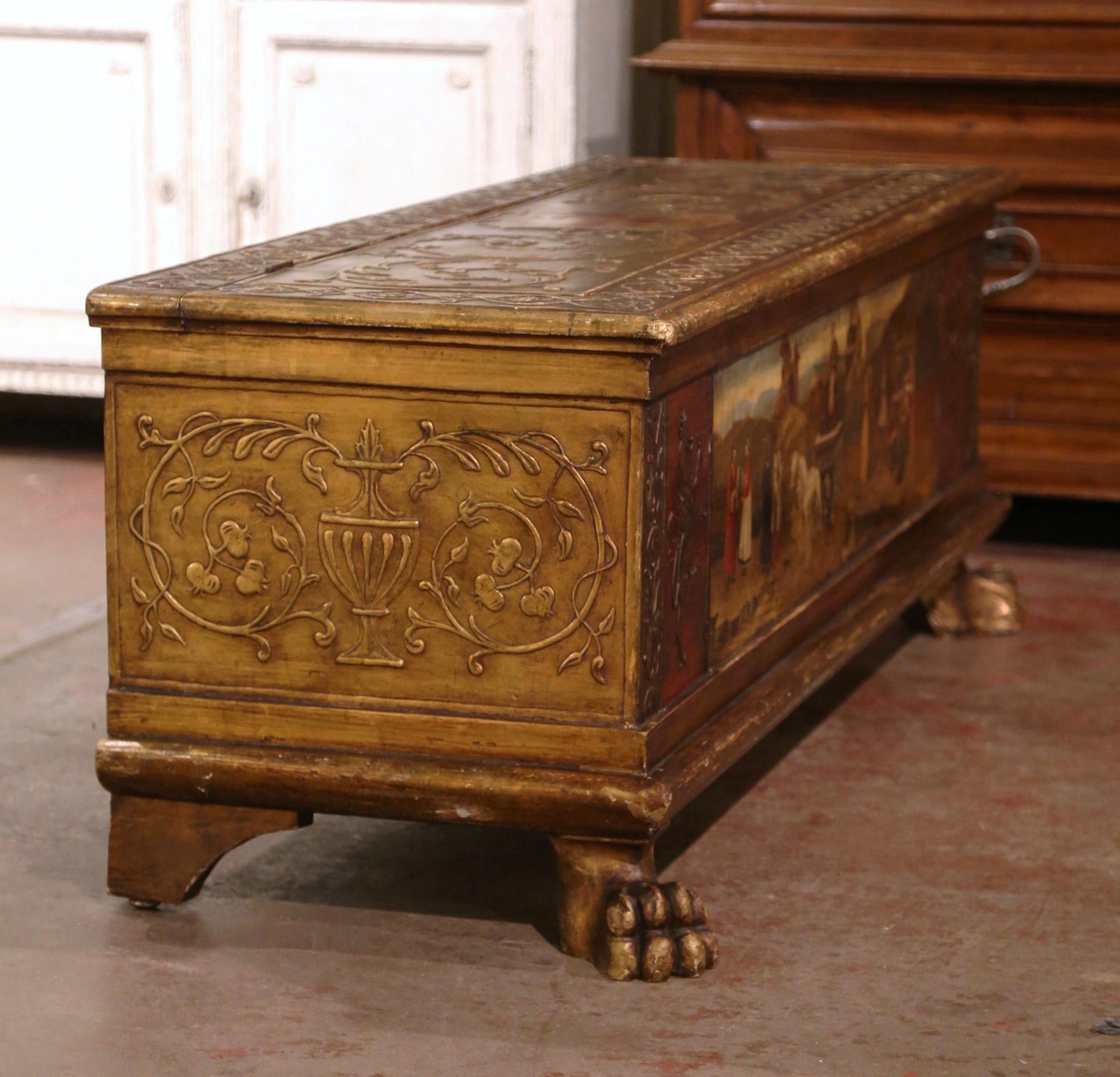 Mid-18th Century Italian Carved Giltwood and Polychrome Painted Cassone Trunk For Sale 8