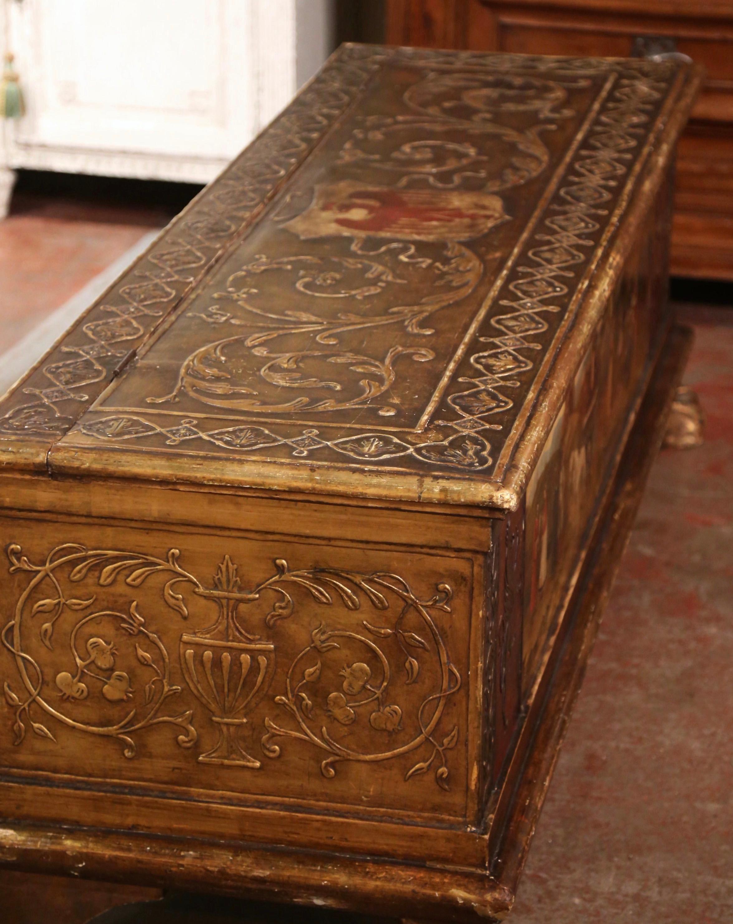 Mid-18th Century Italian Carved Giltwood and Polychrome Painted Cassone Trunk For Sale 9