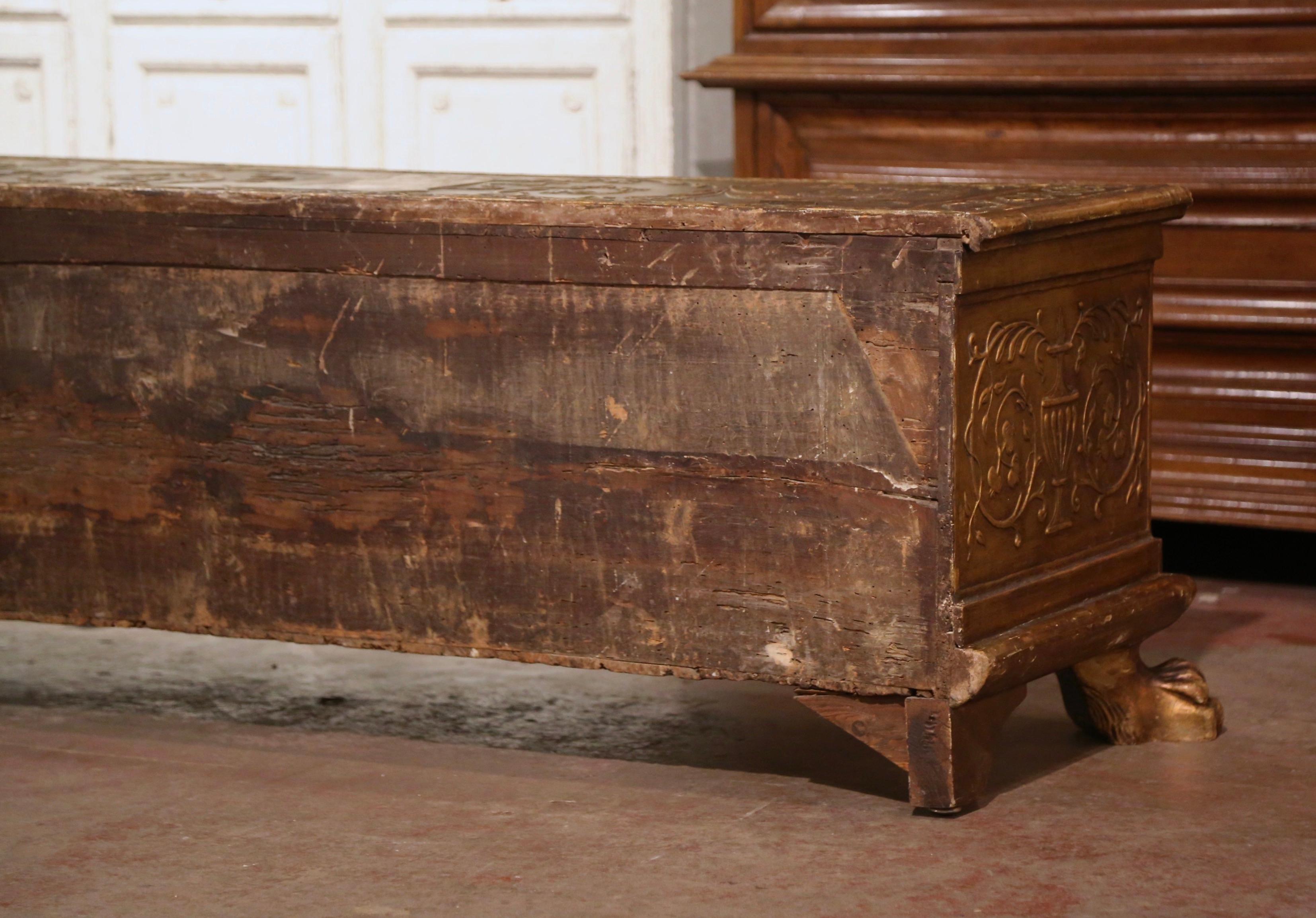 Mid-18th Century Italian Carved Giltwood and Polychrome Painted Cassone Trunk For Sale 11