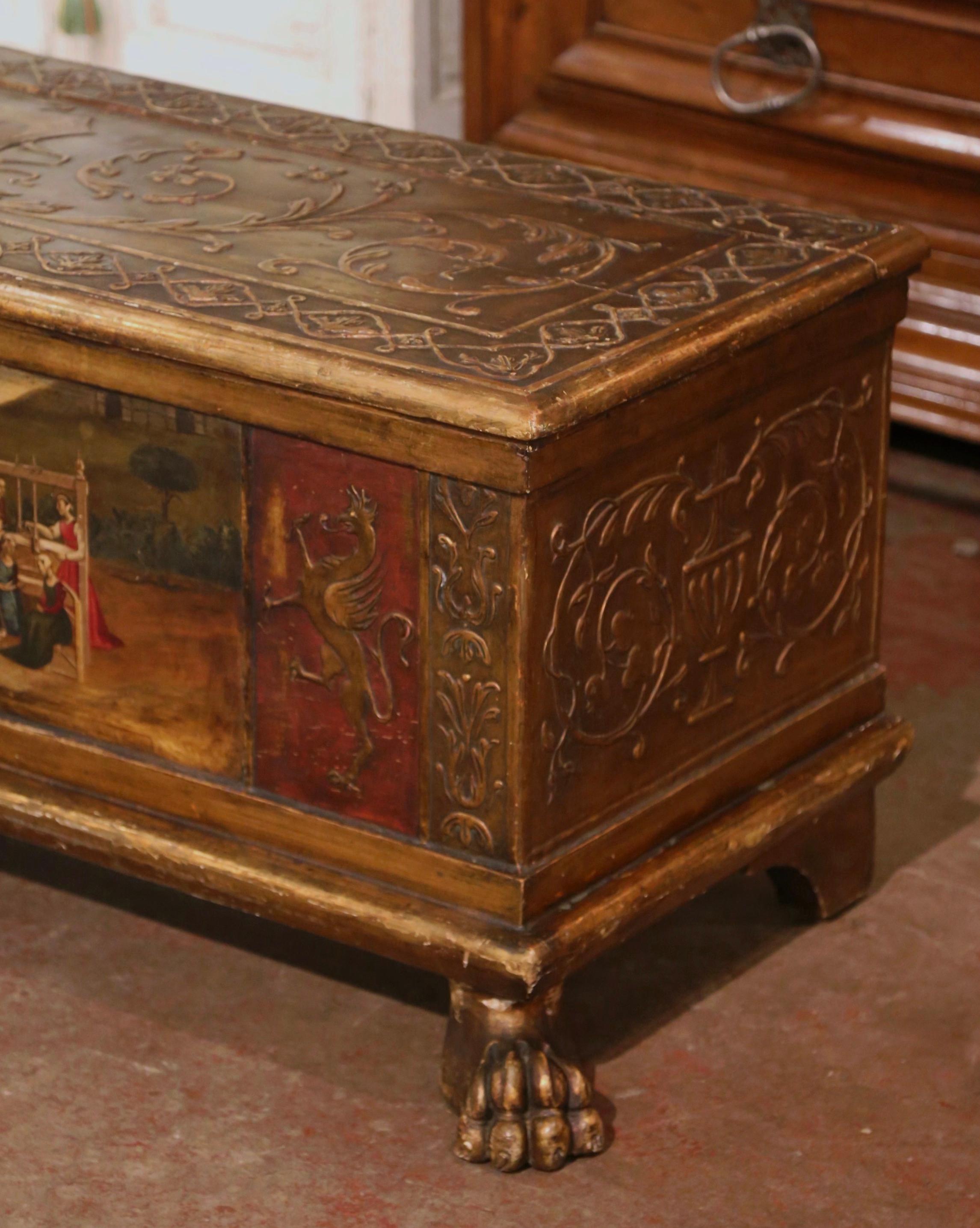 Hand-Carved Mid-18th Century Italian Carved Giltwood and Polychrome Painted Cassone Trunk For Sale
