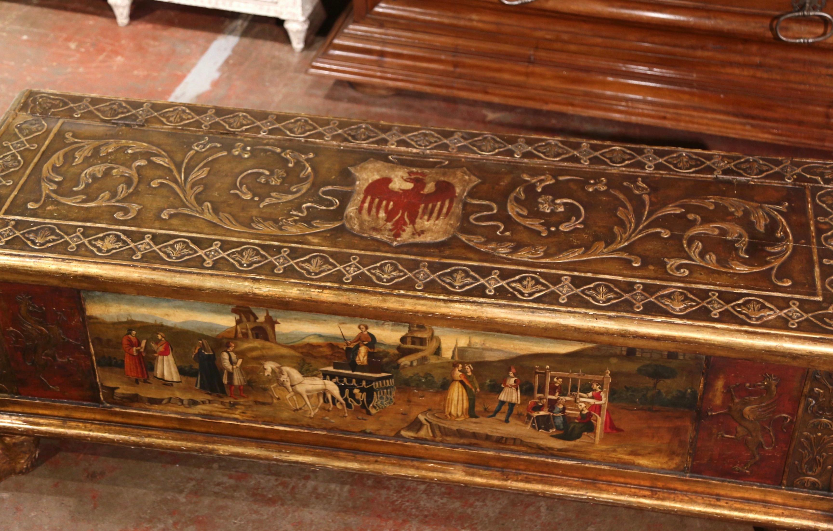 Mid-18th Century Italian Carved Giltwood and Polychrome Painted Cassone Trunk In Excellent Condition For Sale In Dallas, TX