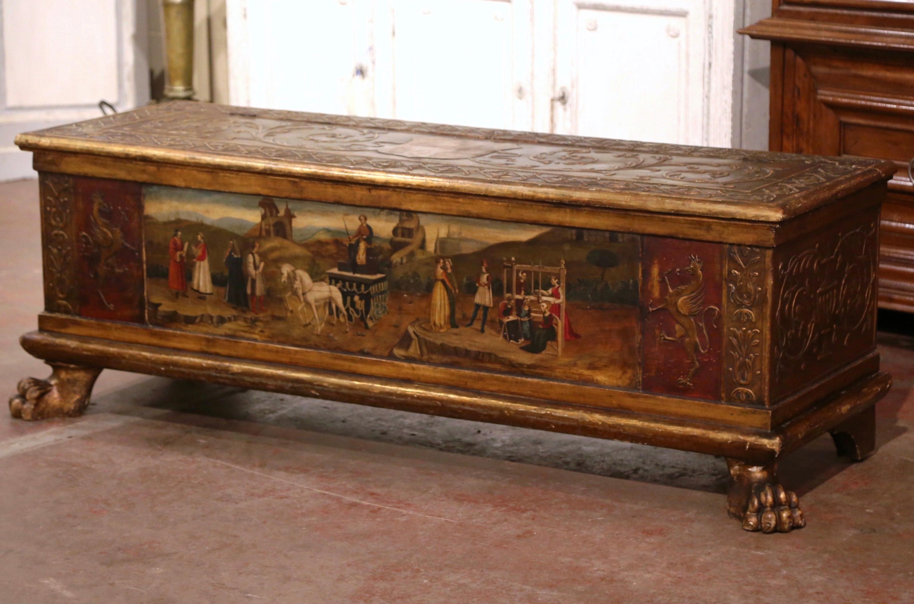 Mid-18th Century Italian Carved Giltwood and Polychrome Painted Cassone Trunk For Sale 1