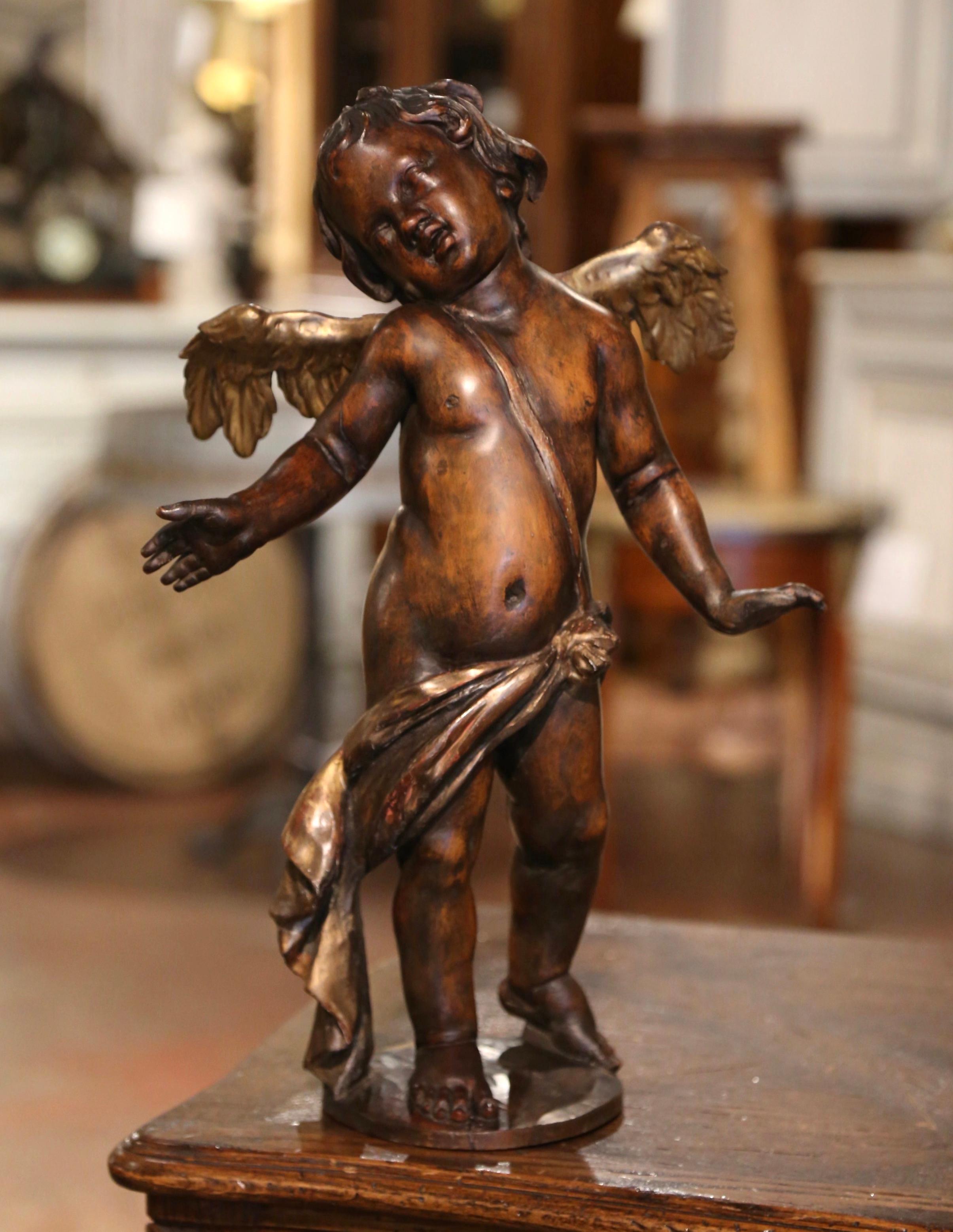 Mid-18th Century Italian Hand Carved Walnut and Gilt Putti Sculpture with Wings For Sale 1