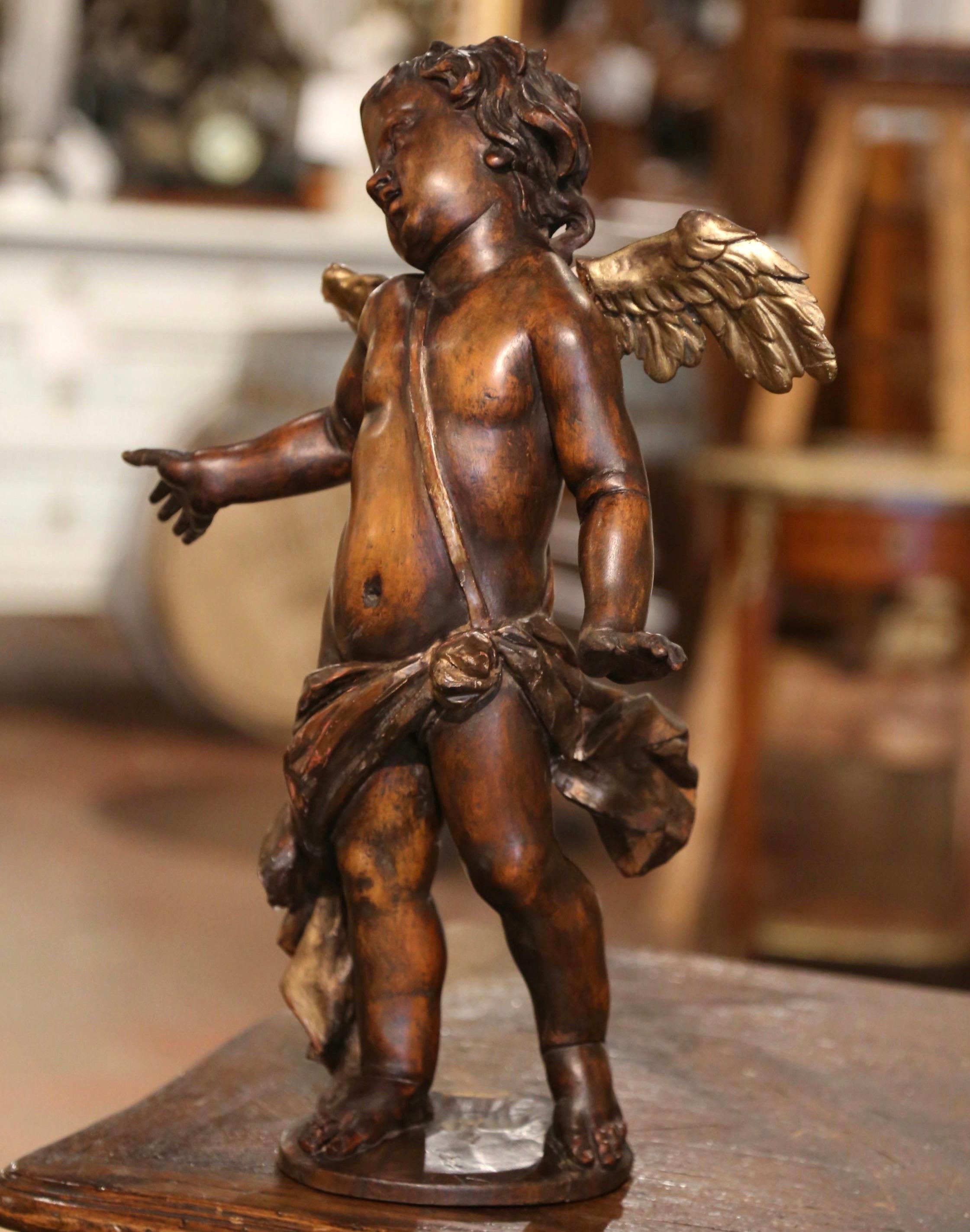 Mid-18th Century Italian Hand Carved Walnut and Gilt Putti Sculpture with Wings For Sale 2