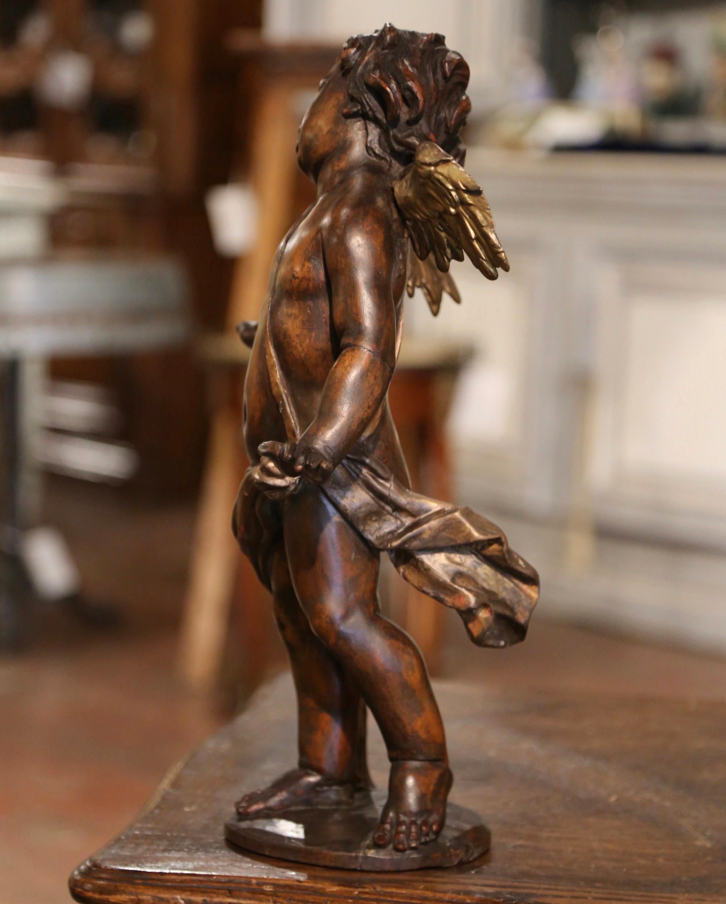 Mid-18th Century Italian Hand Carved Walnut and Gilt Putti Sculpture with Wings For Sale 3