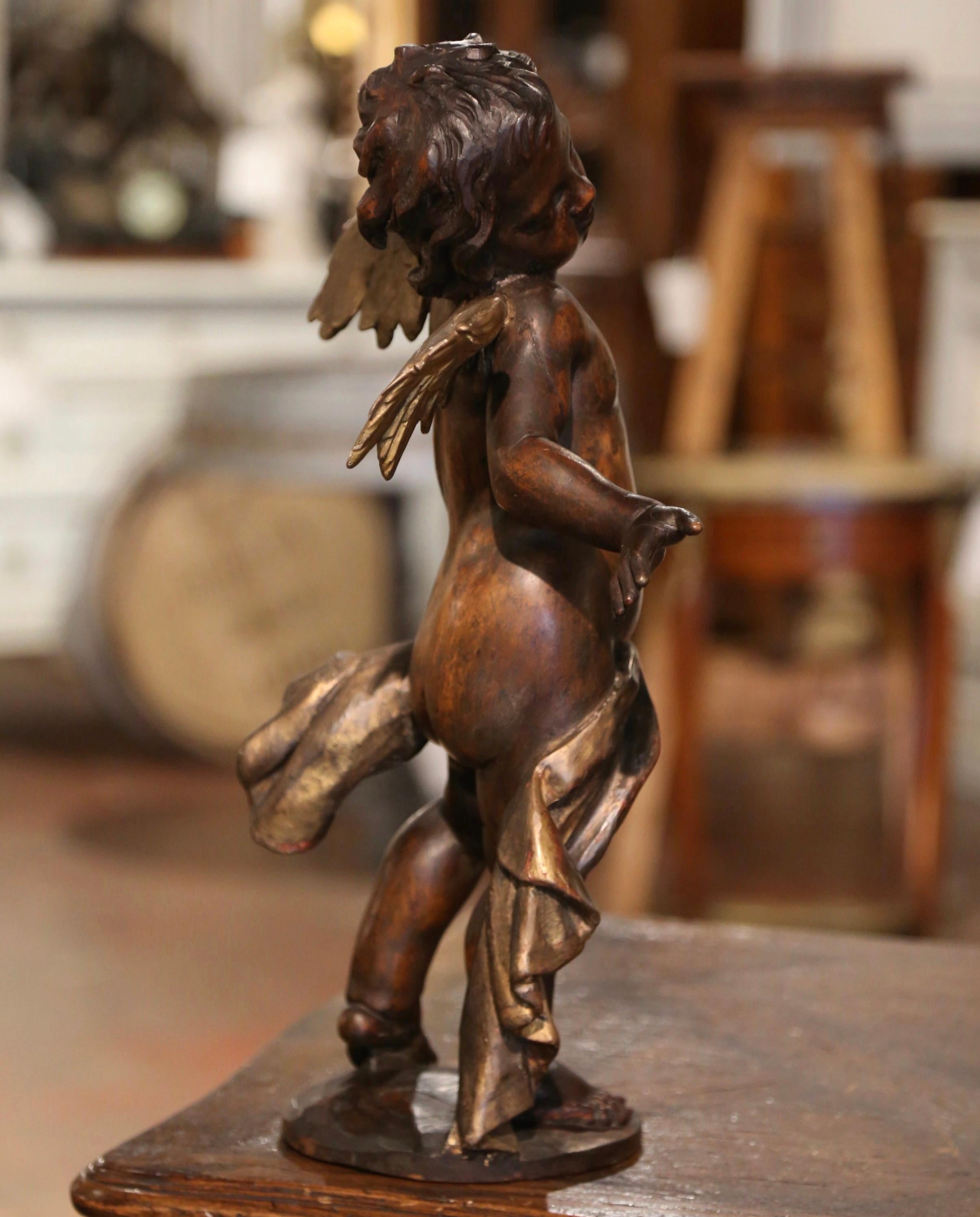 Mid-18th Century Italian Hand Carved Walnut and Gilt Putti Sculpture with Wings For Sale 4