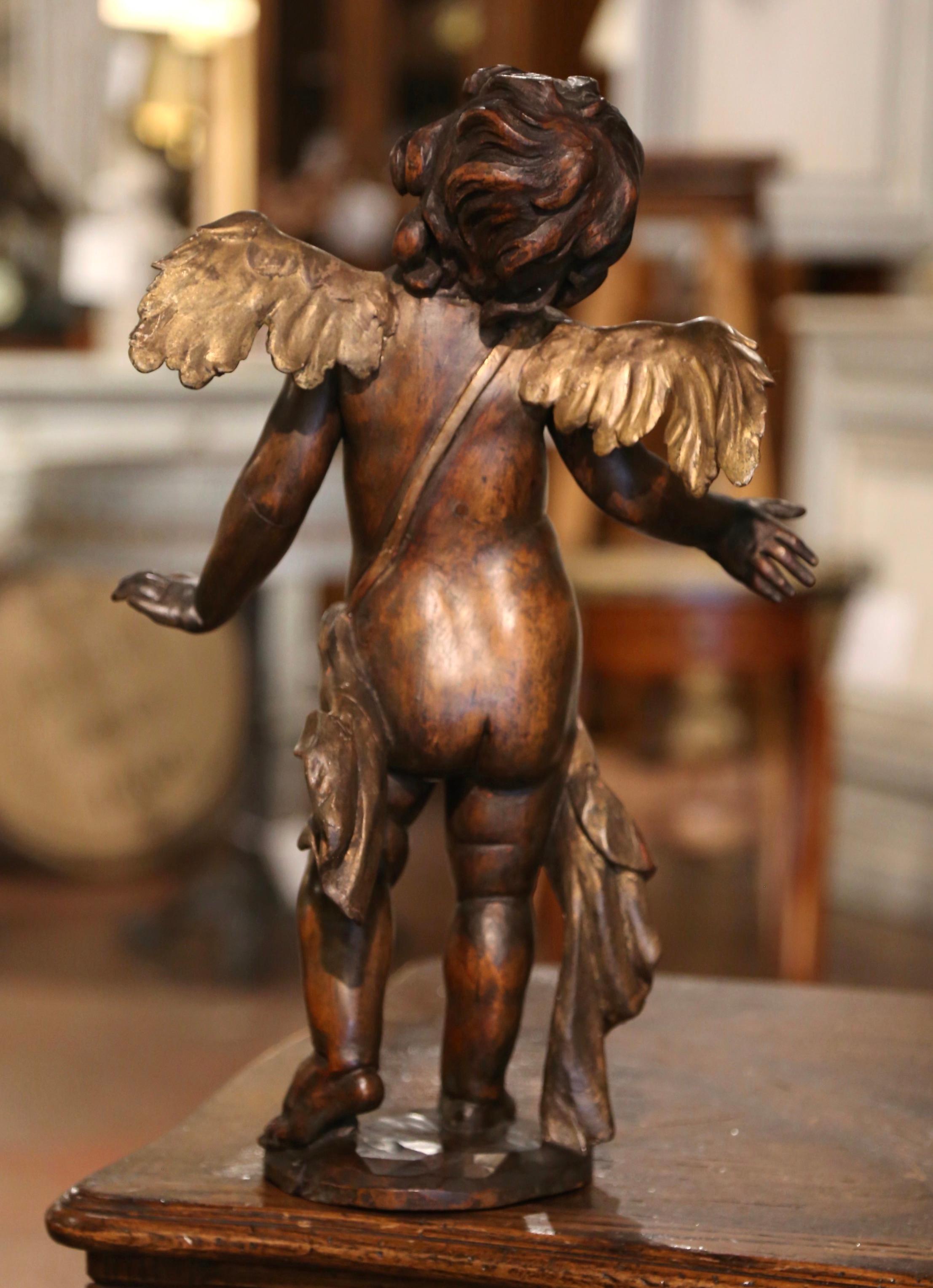 Mid-18th Century Italian Hand Carved Walnut and Gilt Putti Sculpture with Wings For Sale 5