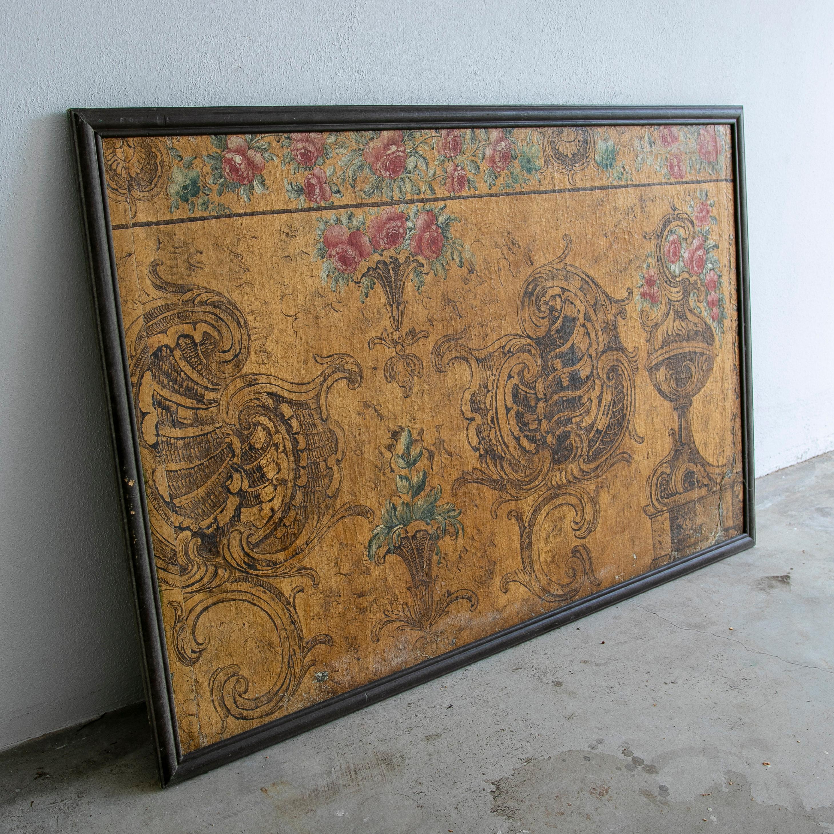 Antique mid 18th century Italian late Baroque / Rococo oil on cloth framed ornamental painting with rocaille, flowering roses and vases.