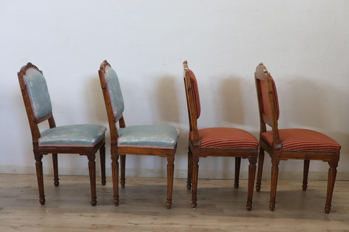 18th Century Italian Louis XVI Solid Walnut Set of Four Antique Chairs For Sale 8