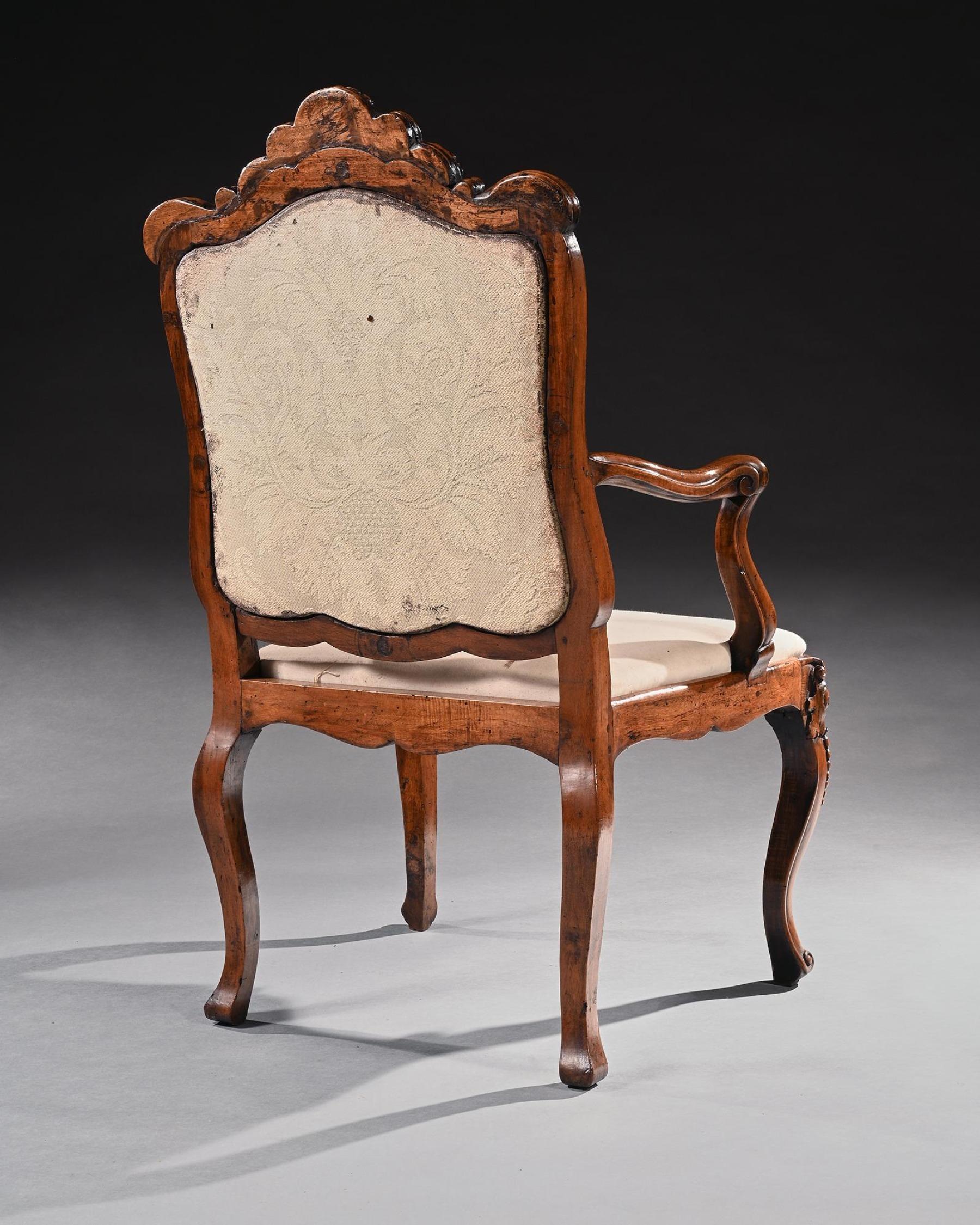 Mid 18th Century Italian Rococo Armchair in Walnut With Extravagantly Carved For Sale 1