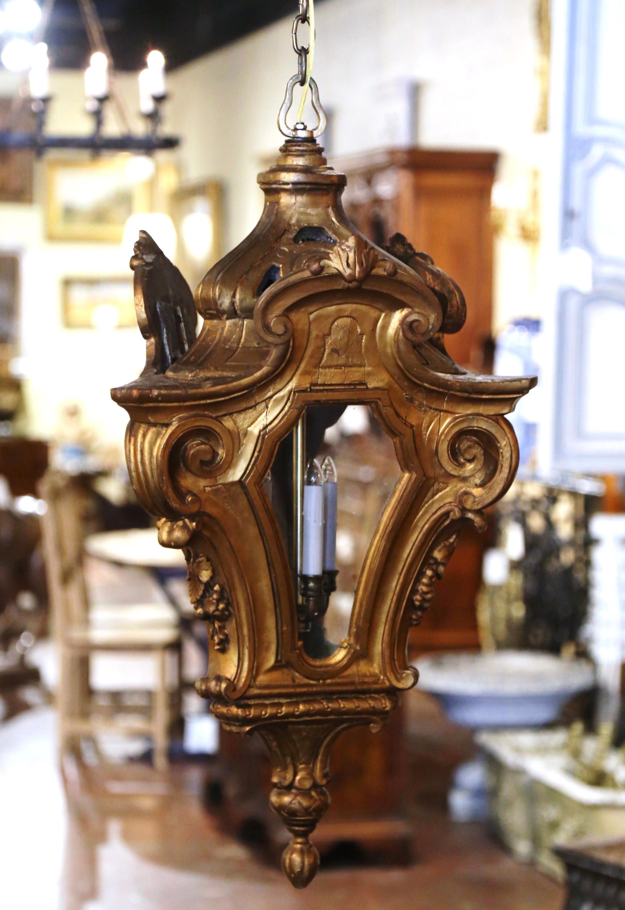 Mid-18th Century Italian Rococo Carved Giltwood Three-Light Ceiling Lantern In Excellent Condition In Dallas, TX