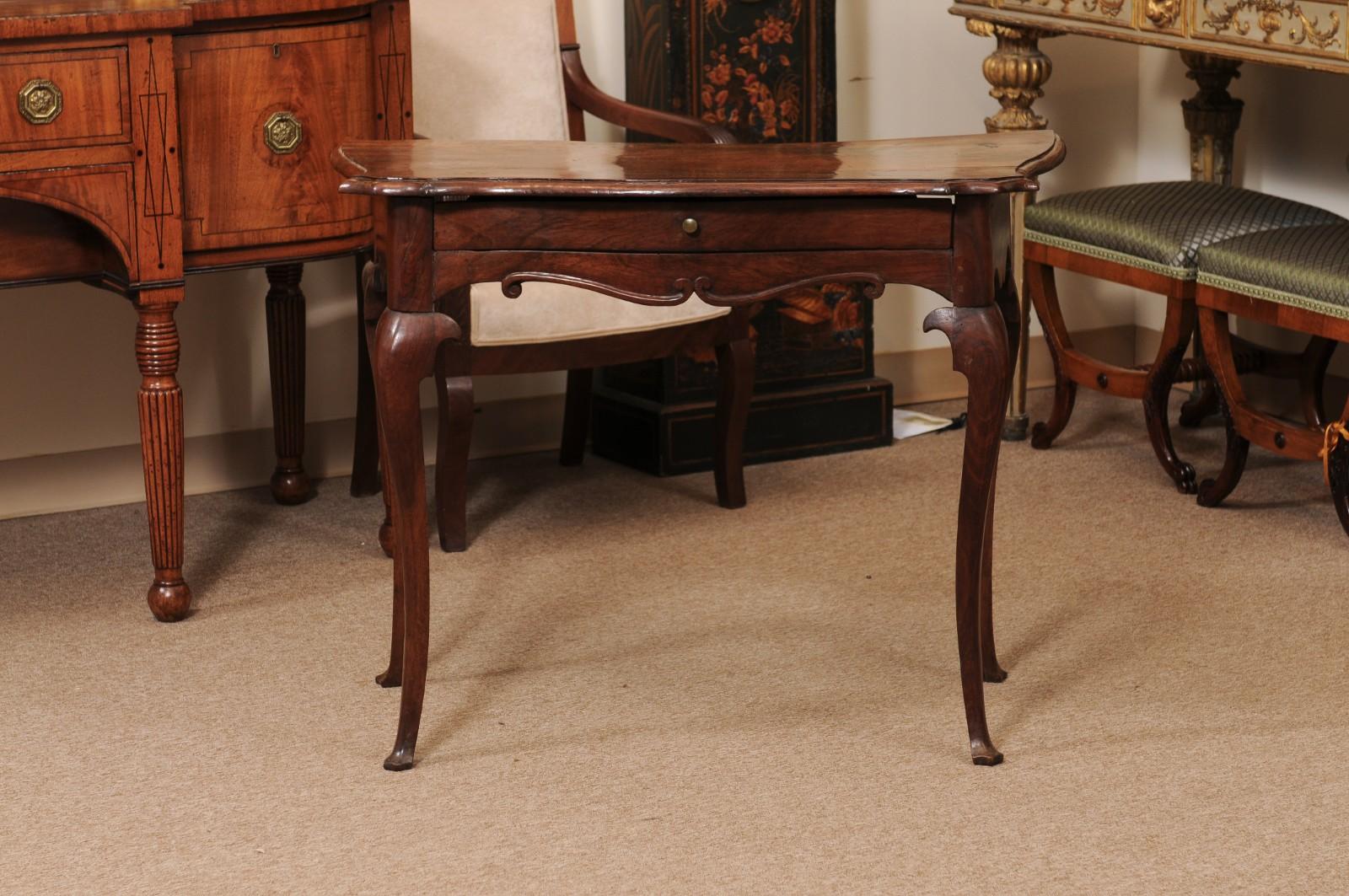 Mid 18th Century Italian Rococo Walnut Console Table with Drawer and Cabriole Legs