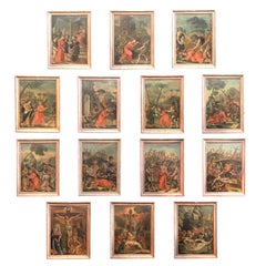Mid-18th Century Italian Set of 14 Paintings with Scenes from the "Via Crucis"