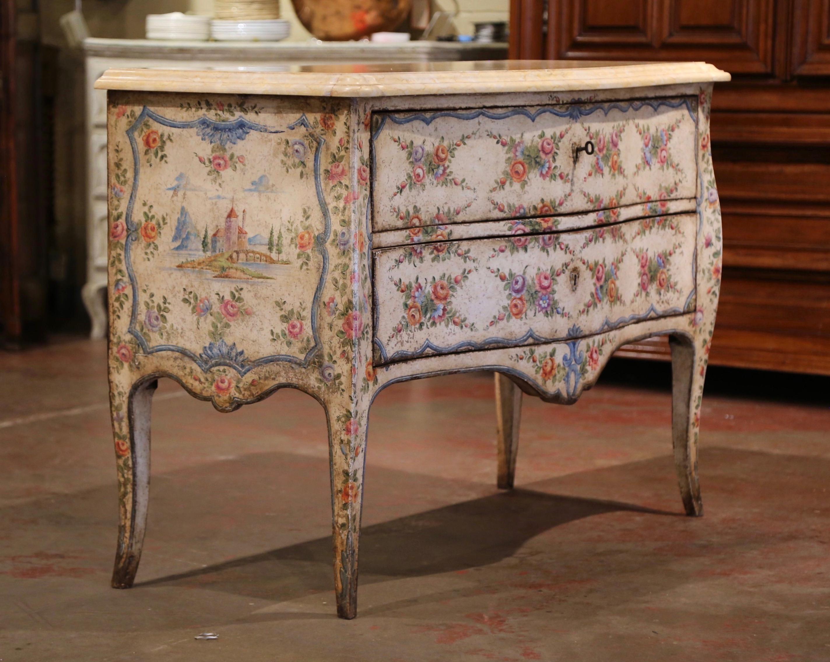 Mid-18th Century Italian Venetian Painted Bombe Chest of Drawers with Marble Top 5