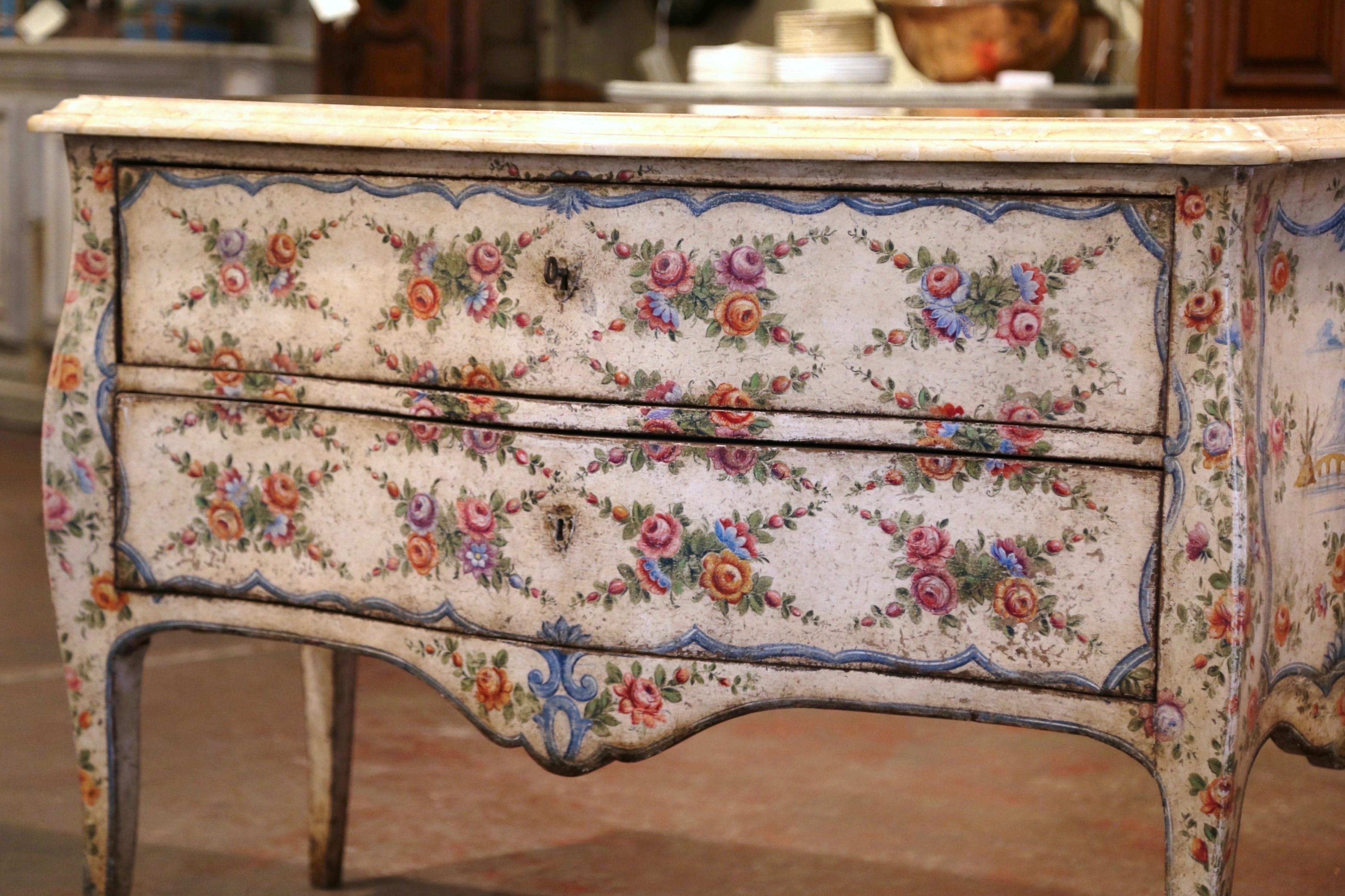 Louis XV Mid-18th Century Italian Venetian Painted Bombe Chest of Drawers with Marble Top
