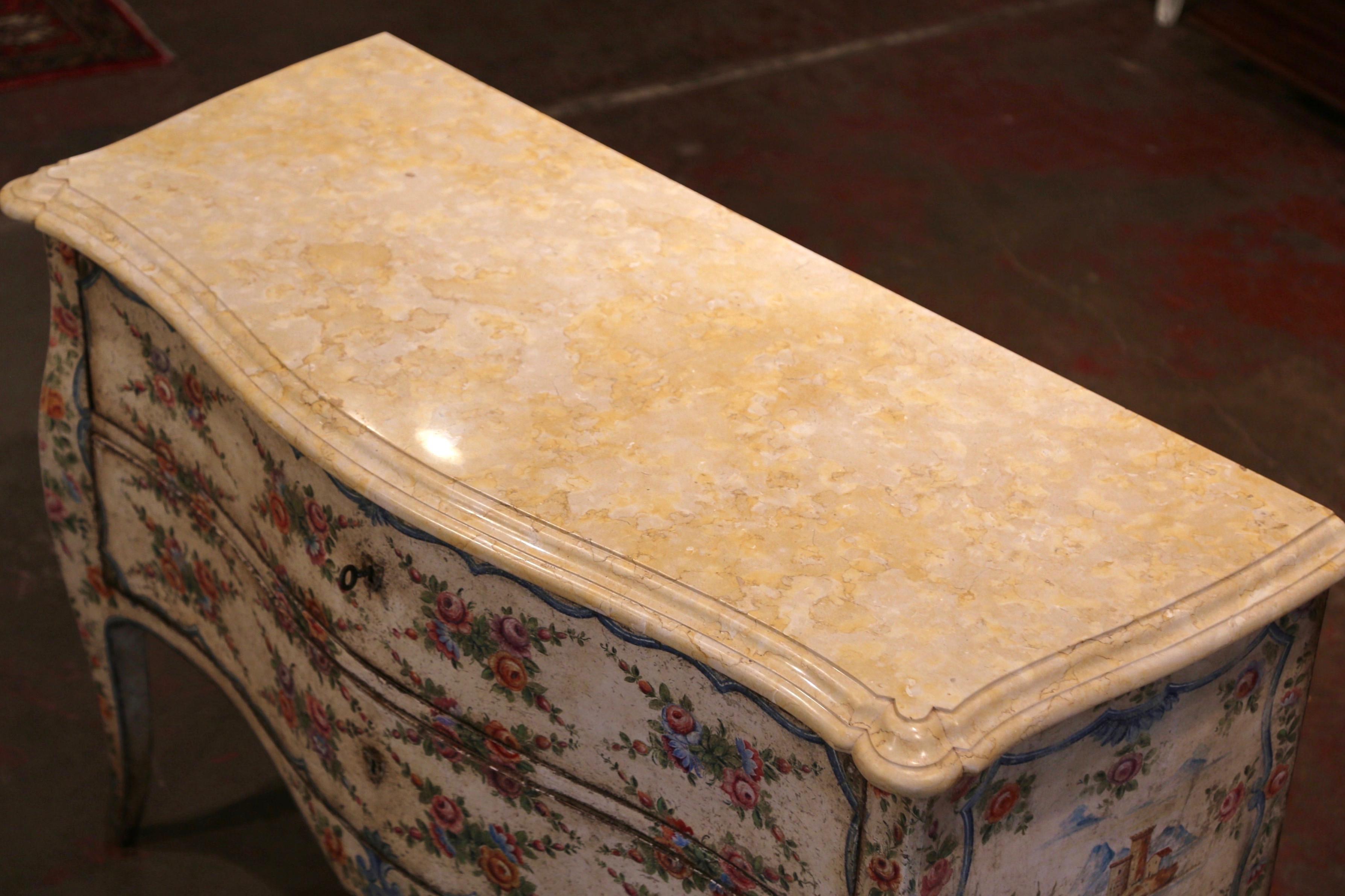 Hand-Carved Mid-18th Century Italian Venetian Painted Bombe Chest of Drawers with Marble Top