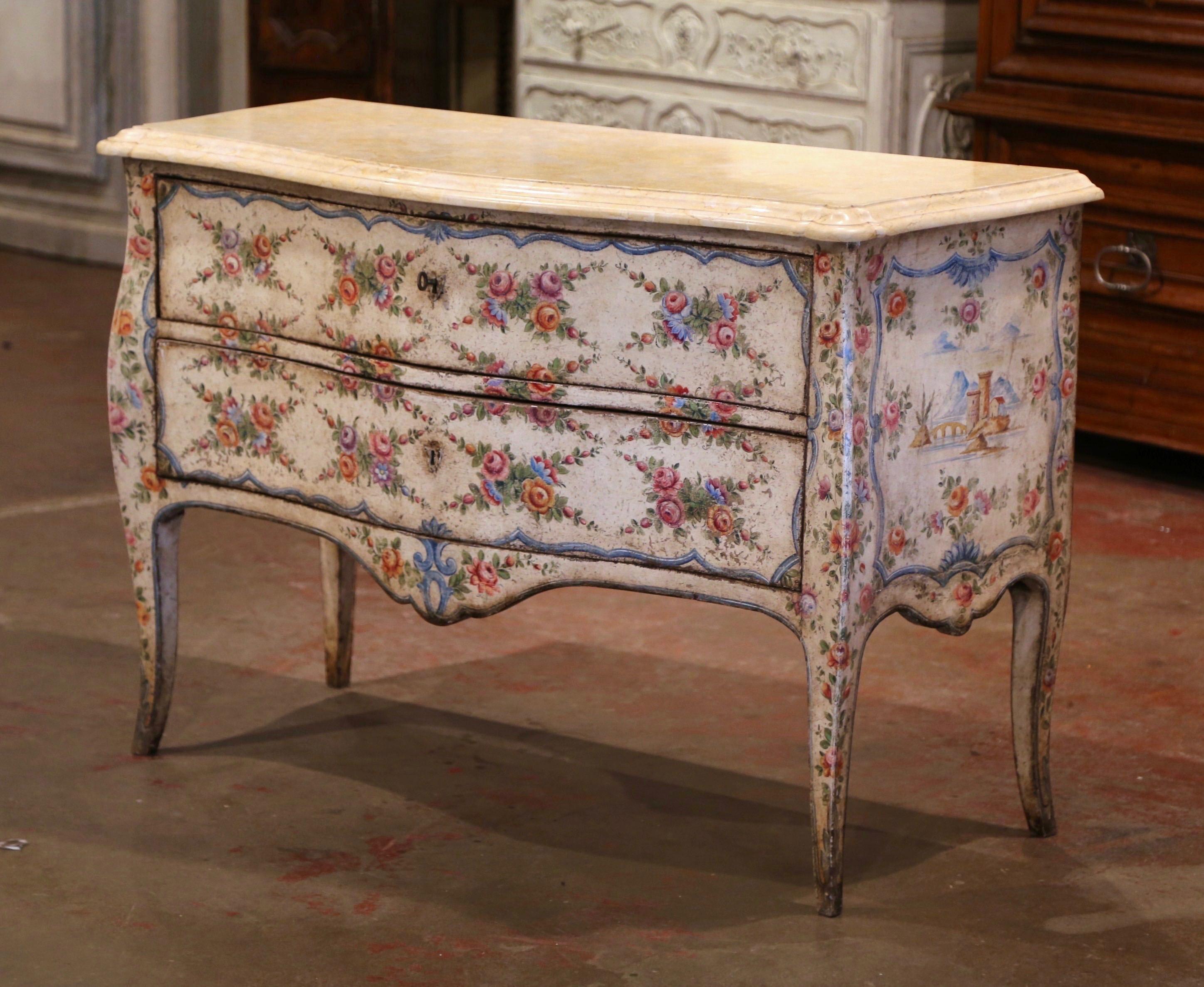 Mid-18th Century Italian Venetian Painted Bombe Chest of Drawers with Marble Top In Excellent Condition In Dallas, TX