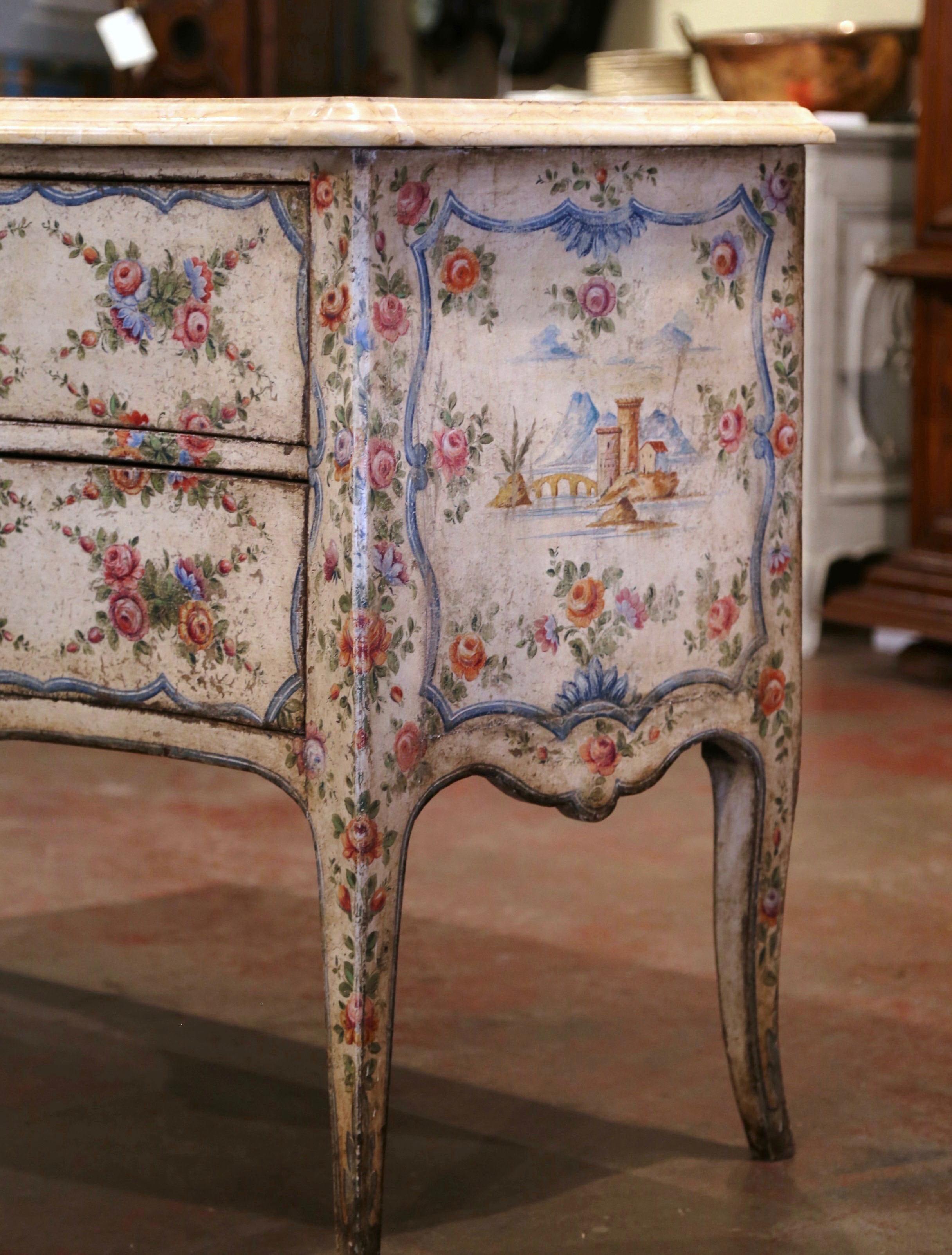 Silk Mid-18th Century Italian Venetian Painted Bombe Chest of Drawers with Marble Top