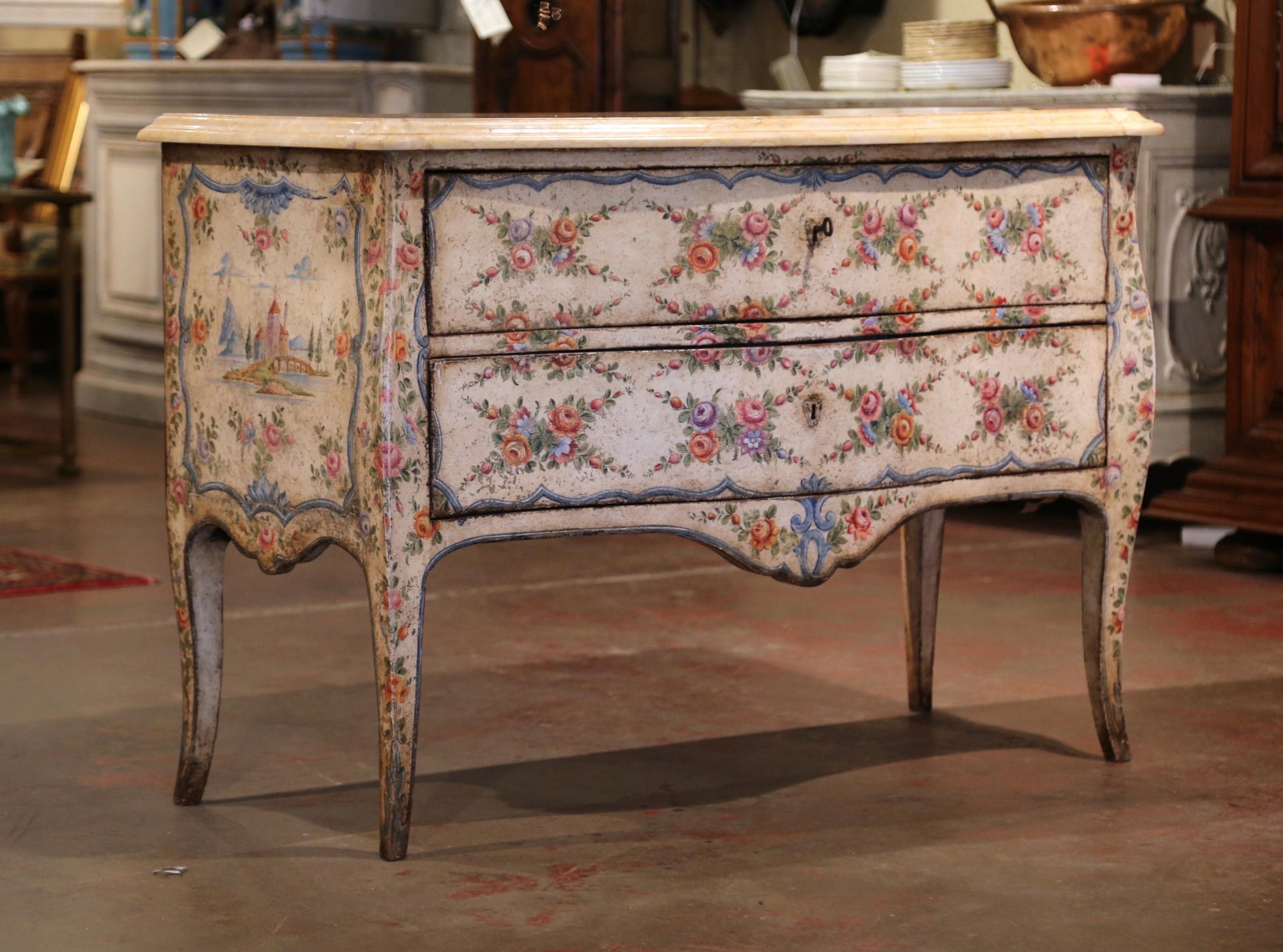 Mid-18th Century Italian Venetian Painted Bombe Chest of Drawers with Marble Top 1