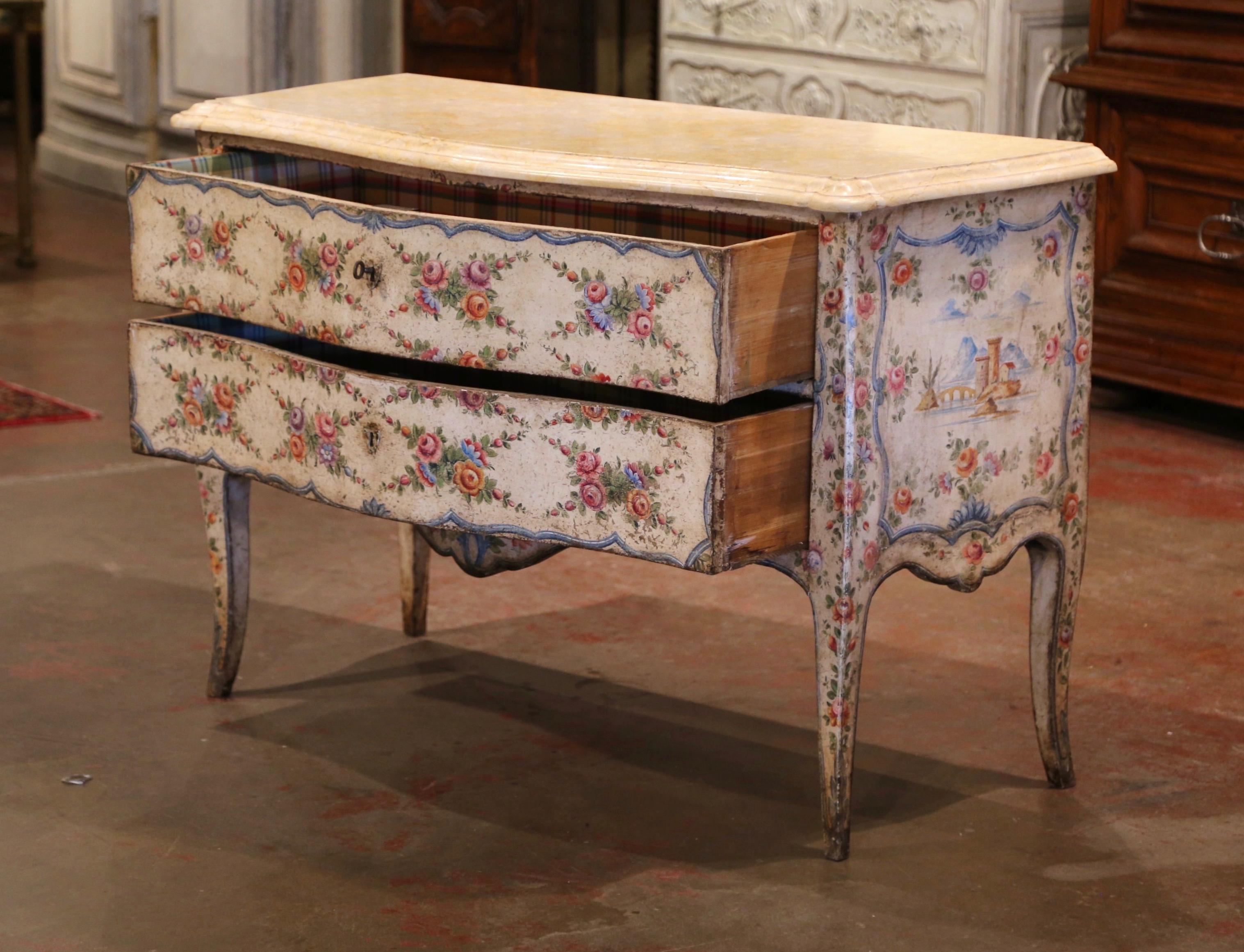 Mid-18th Century Italian Venetian Painted Bombe Chest of Drawers with Marble Top 2