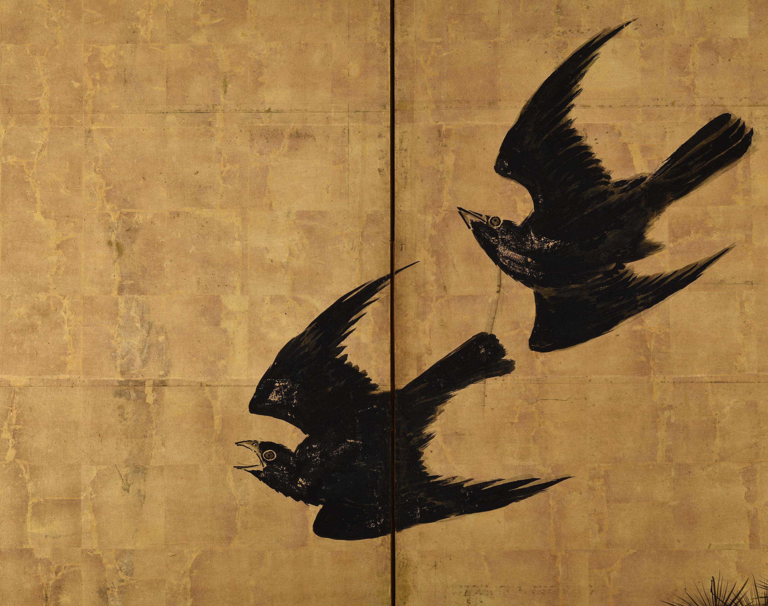 Mitte 18. Jahrhundert Japanischer Paravent Paar. Crows & Pines von Unkoku Toshuku. im Angebot 4