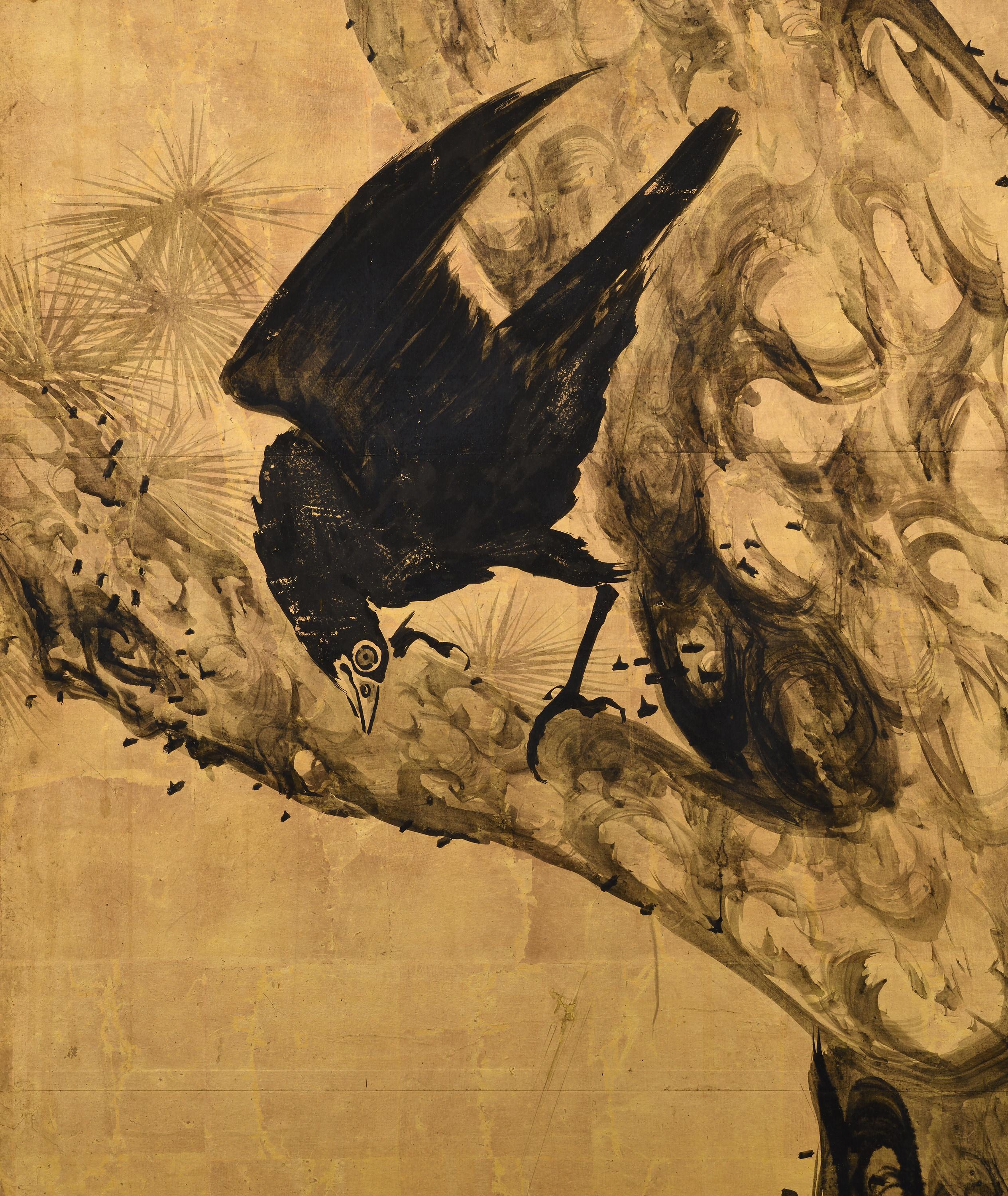 Mitte 18. Jahrhundert Japanischer Paravent Paar. Crows & Pines von Unkoku Toshuku. im Angebot 5