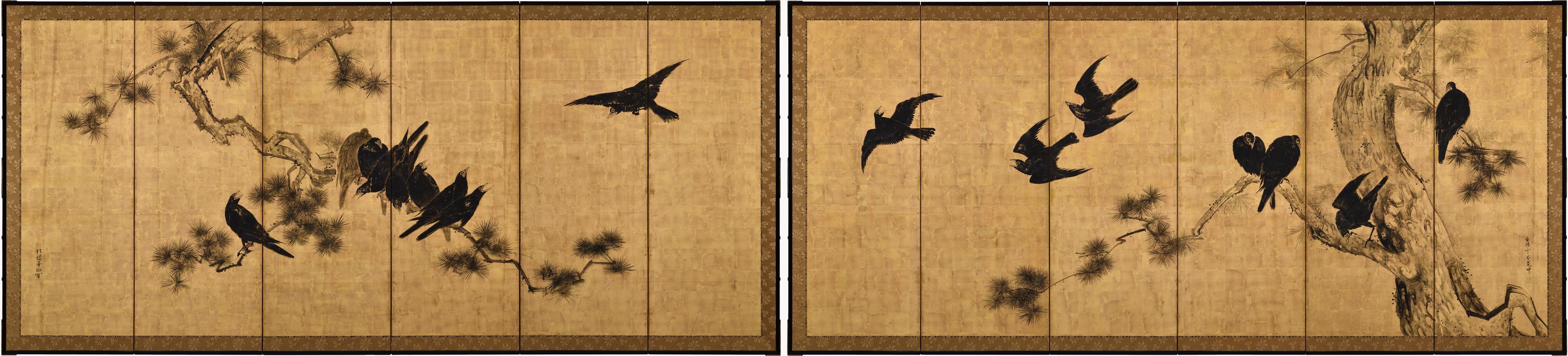 Unkoku Toshuku (1722-1779)

Krähen und Kiefern

Ein Paar japanische Paravents mit sechs Paneelen. Tusche und Blattgold auf Papier.

Abmessungen: Jeder Bildschirm: H. 170,5 cm x B. 375 cm 

Haha-cho oder Maina-Vögel, deren Formen in der Kunst an