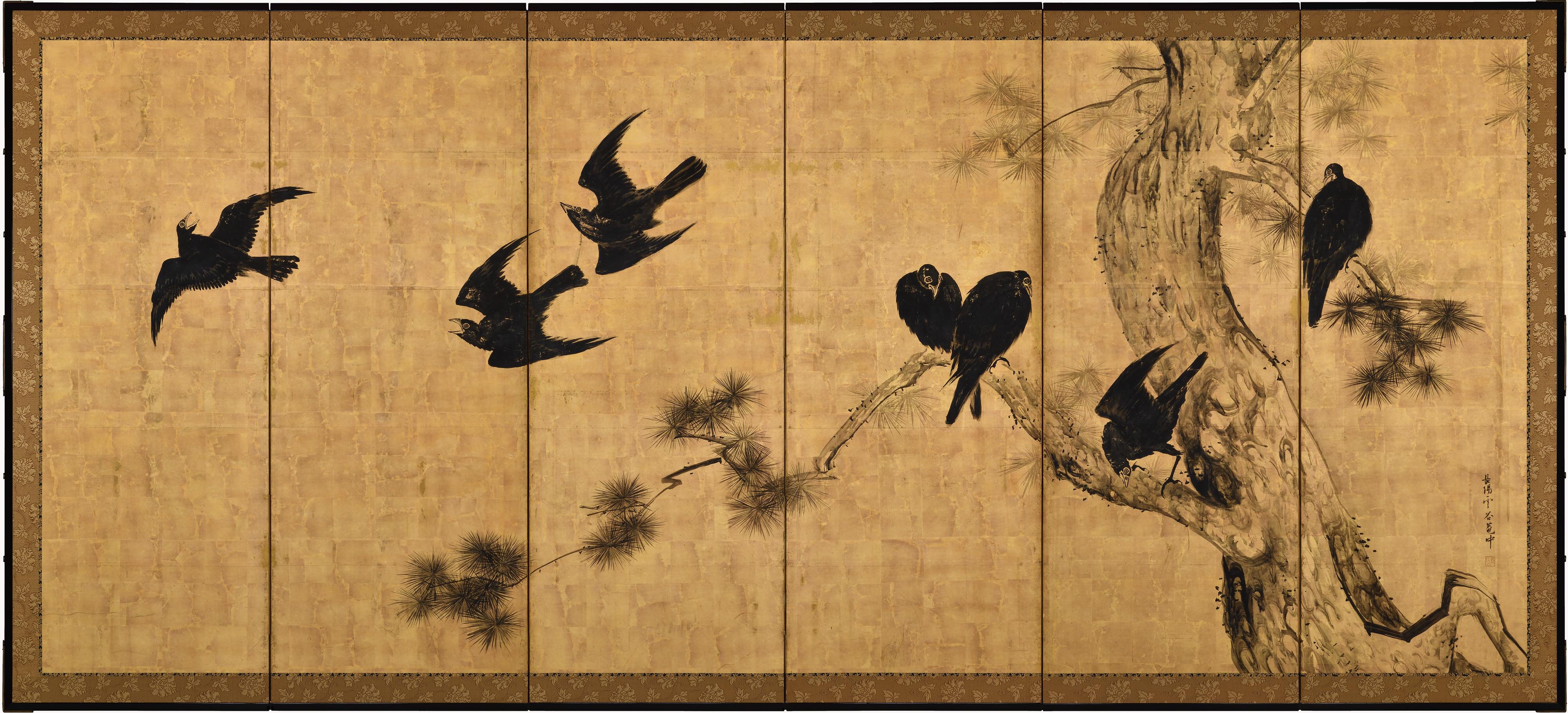Mitte 18. Jahrhundert Japanischer Paravent Paar. Crows & Pines von Unkoku Toshuku. (Edo) im Angebot