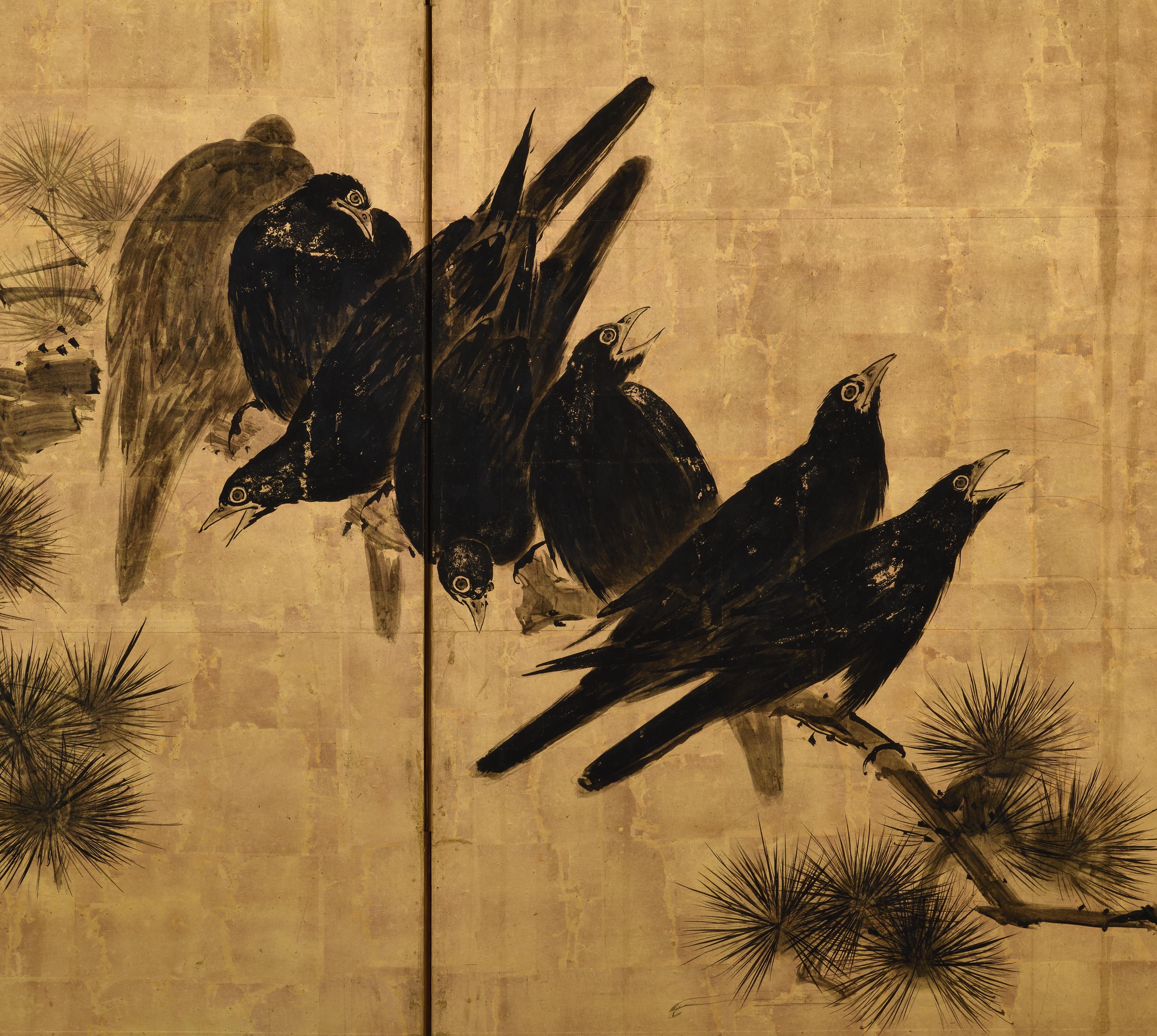 Mitte 18. Jahrhundert Japanischer Paravent Paar. Crows & Pines von Unkoku Toshuku. im Zustand „Gut“ im Angebot in Kyoto, JP