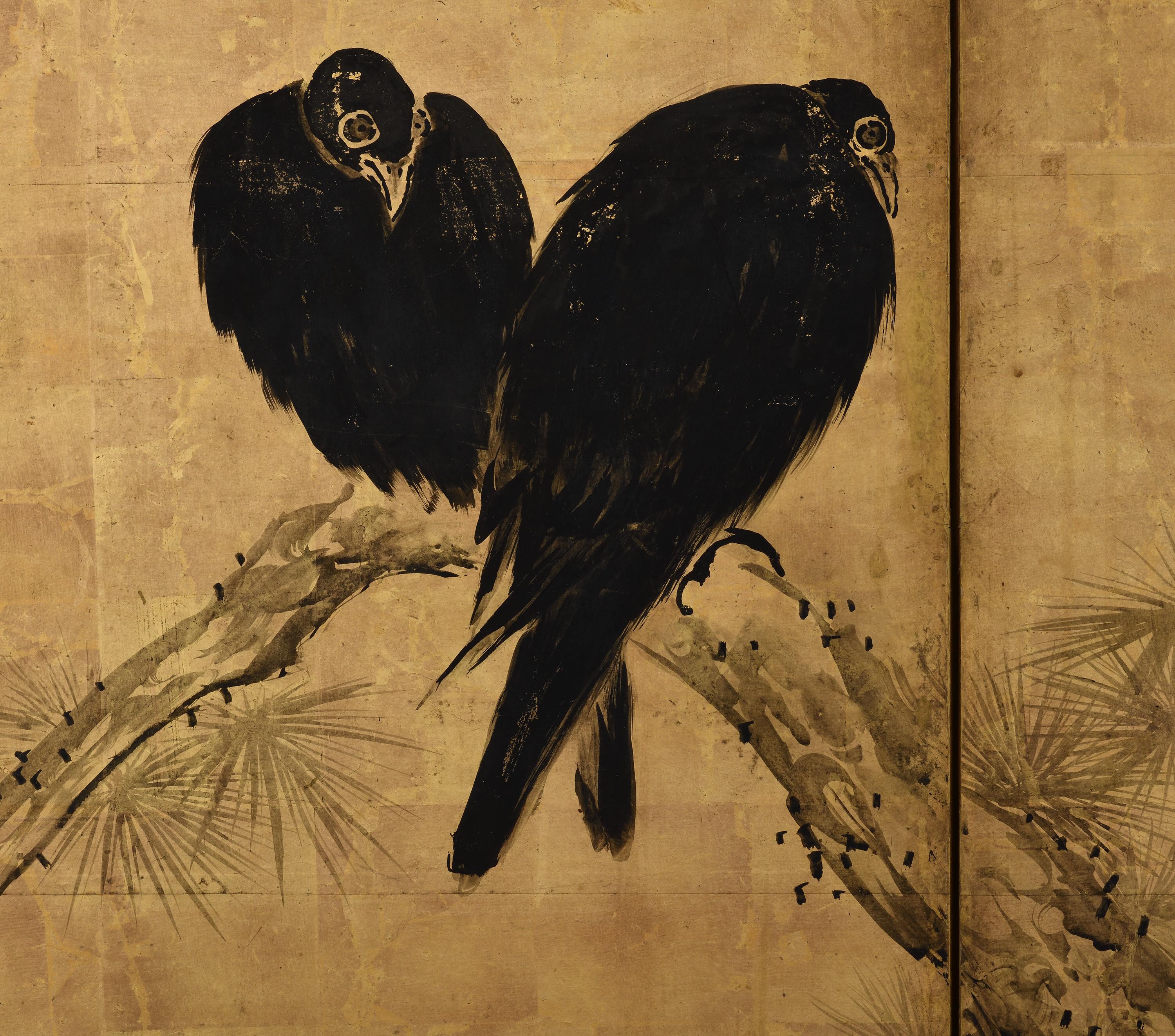 Mitte 18. Jahrhundert Japanischer Paravent Paar. Crows & Pines von Unkoku Toshuku. im Angebot 3