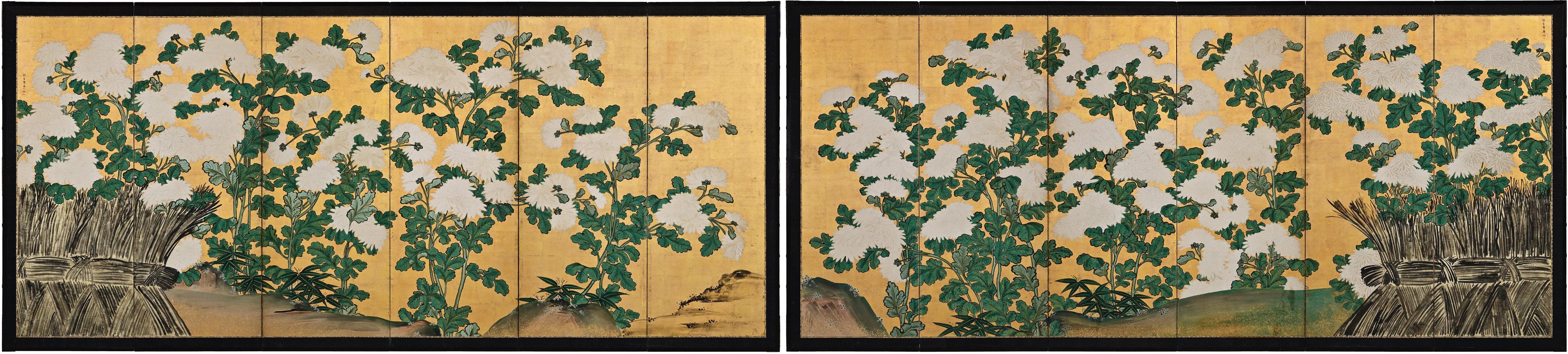 Omori Soun (geb. 1704)

Chrysanthemen - Einhundert Blumen

Ein Paar japanischer Paravents mit sechs Falten. Tusche, Farbe, Gofun und Blattgold auf Papier.

Dieses Paar japanischer Paravents mit sechs Tafeln aus der Mitte des 18. Jahrhunderts zeigt