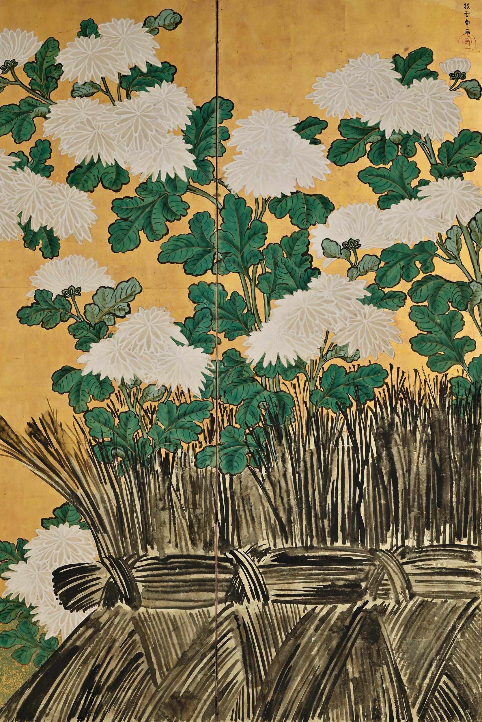 Edo Mid-18th Century Japanese Screen Pair, One Hundred Flowers, Chrysanthemums For Sale