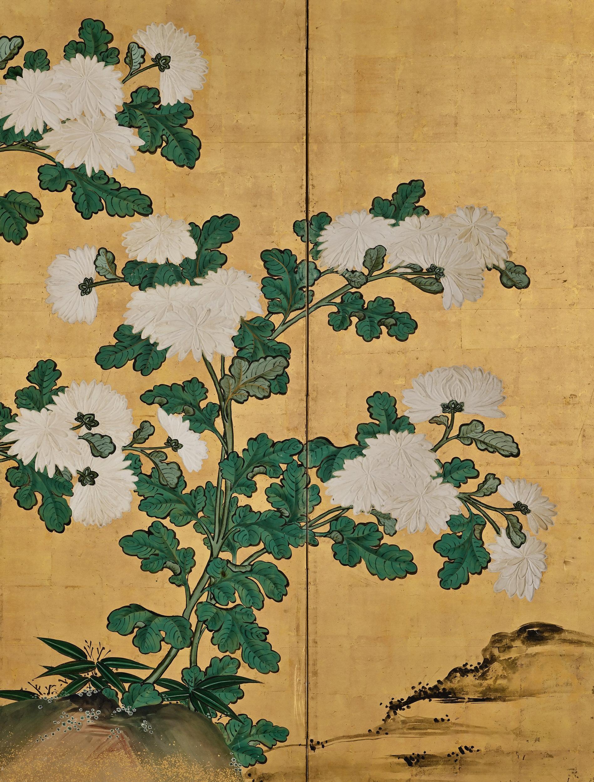 Hand-Painted Mid-18th Century Japanese Screen Pair, One Hundred Flowers, Chrysanthemums For Sale