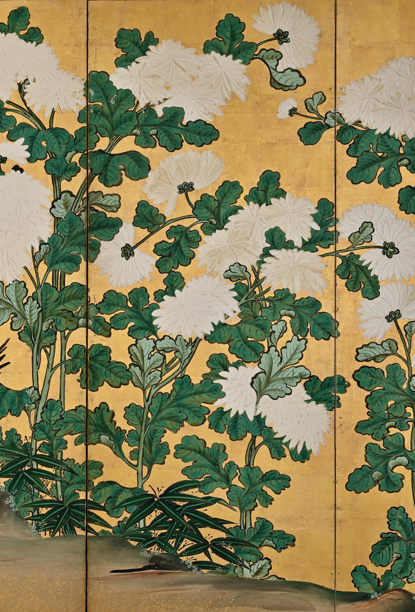 Paar japanische Paravents aus der Mitte des 18. Jahrhunderts, einhundert Blumen, Chrysanthemen (Handbemalt) im Angebot