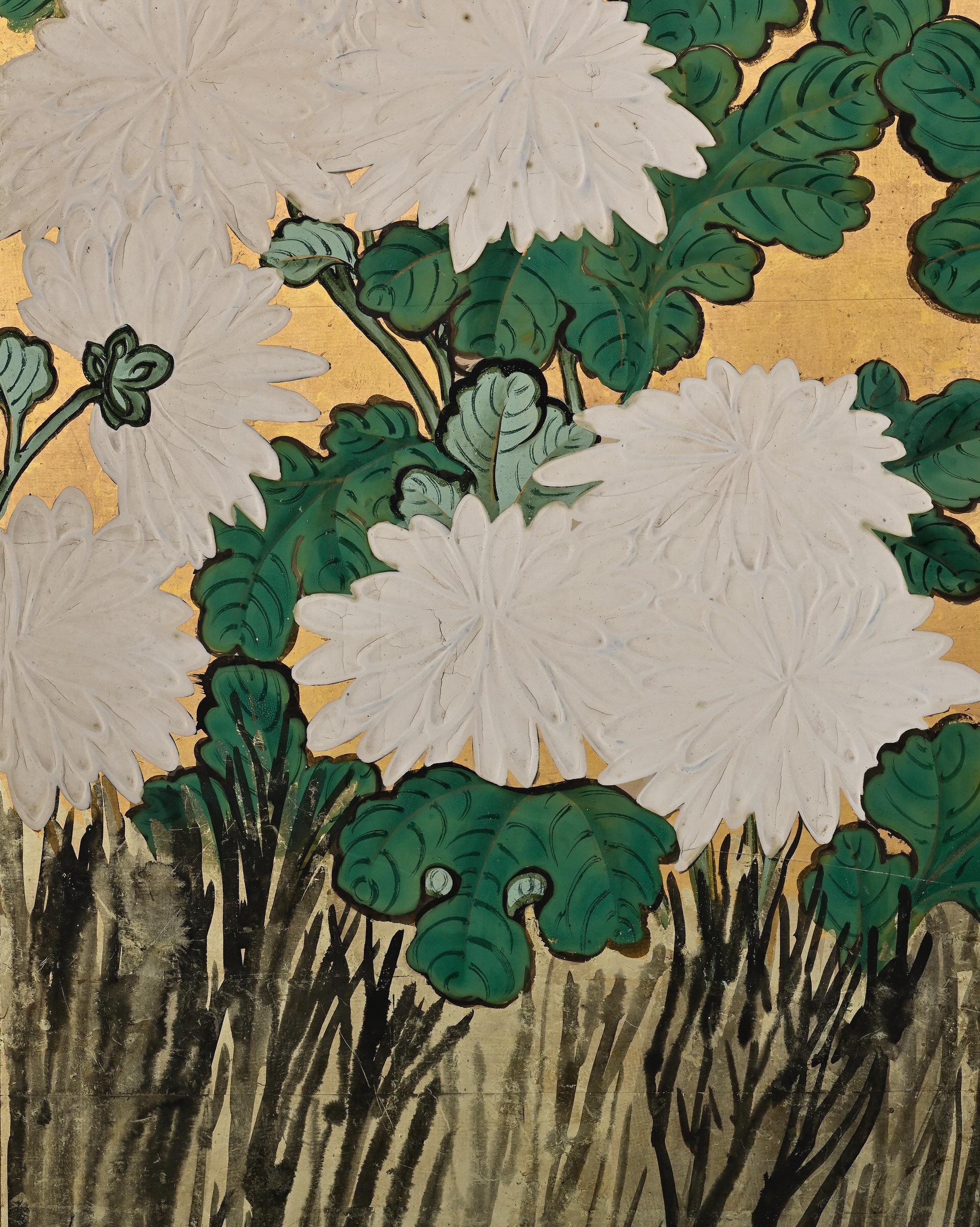 Mid-18th Century Japanese Screen Pair, One Hundred Flowers, Chrysanthemums For Sale 2